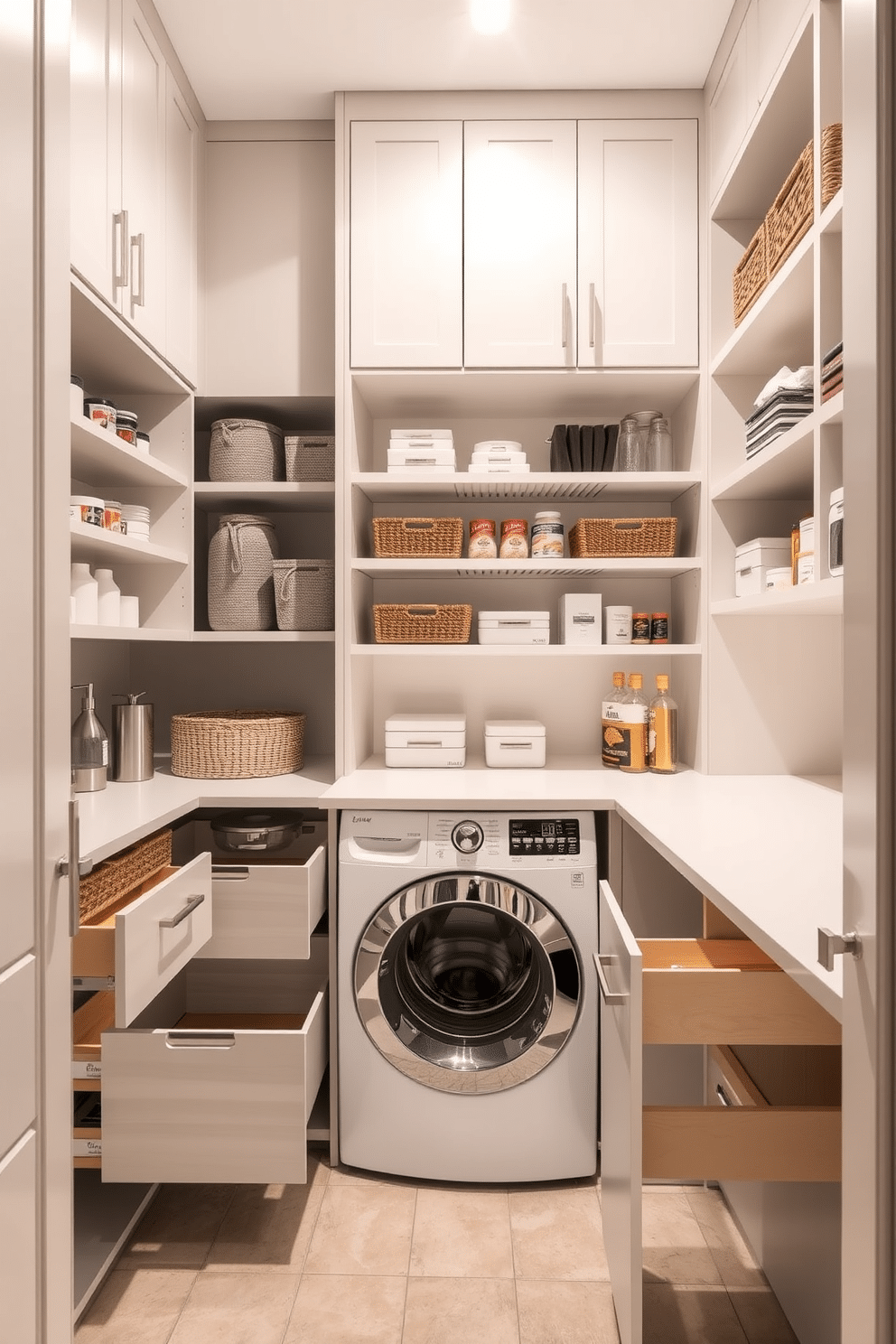 A modern pantry laundry room featuring sleek cabinetry with pull-out drawers for hidden storage solutions. The space is designed with a neutral color palette, accented by soft lighting that highlights the organized shelves and functional layout.