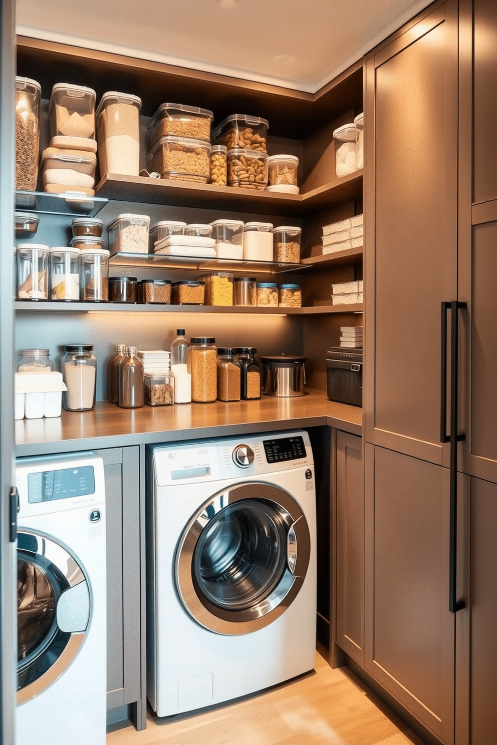 A stylish pantry and laundry room combination features clear containers neatly arranged on open shelving, showcasing an organized collection of dry goods and essentials. The space is illuminated by soft, ambient lighting that highlights the sleek cabinetry, while a modern washing machine and dryer are seamlessly integrated into the design, providing both functionality and aesthetic appeal.