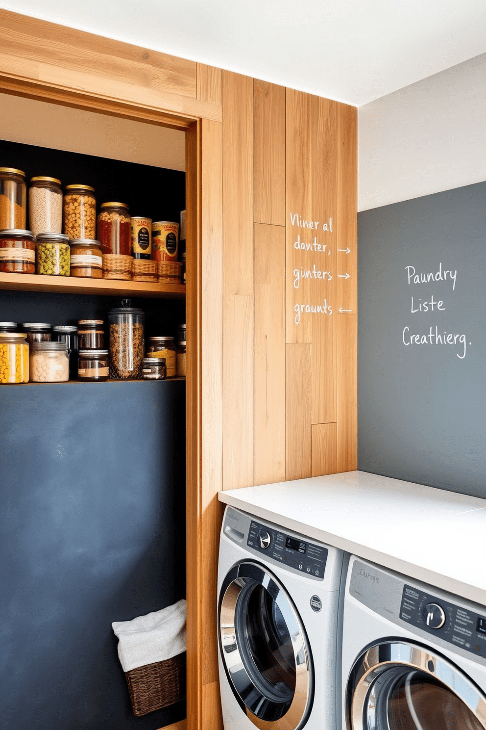 A chalkboard wall is creatively integrated into the pantry laundry room, providing a functional space for reminders and grocery lists. The wall is framed with rustic wood, complementing the bright, airy atmosphere of the room. The pantry features open shelving filled with neatly organized jars and baskets, showcasing an array of colorful ingredients. Adjacent to the laundry area, a sleek countertop is designed for folding clothes, with a stylish, modern washer and dryer tucked beneath.