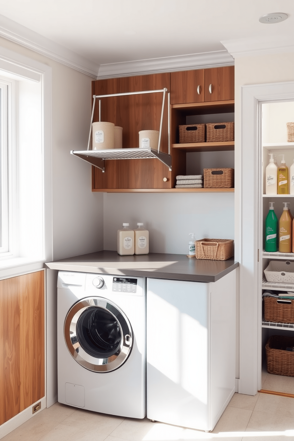 A stylish laundry room features a modern washer and dryer set, with a sleek drying rack mounted above the washer for convenience. The space is brightened by soft, natural light streaming in through a window, illuminating the fresh white cabinetry and warm wood accents. Adjacent to the laundry area, a well-organized pantry provides ample storage for cleaning supplies and household essentials. The walls are painted in a calming pastel hue, while decorative baskets and labels add a touch of charm and functionality to the design.