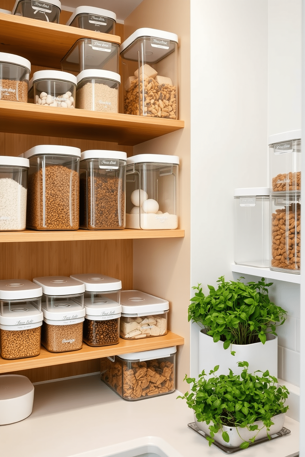 Clear storage containers line the shelves of a neatly organized pantry, allowing for easy visibility of all contents. The containers vary in size and shape, each labeled with elegant typography, creating a cohesive and aesthetically pleasing look. Wooden shelves provide a warm backdrop for the clear containers, enhancing the overall design of the pantry. A small herb garden sits on the countertop, adding a touch of greenery and freshness to the organized space.