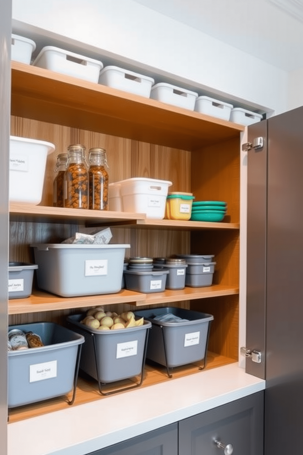 Create a modern pantry organization design featuring stackable bins in a sleek, minimalist style. The bins should be arranged on open shelving, showcasing a variety of sizes and colors to create visual interest while maintaining efficiency in storage. Incorporate a warm wood finish for the shelves to add a touch of warmth to the space. Include labeled bins for easy access to ingredients, and a small countertop area for meal prep, enhancing both functionality and aesthetic appeal.