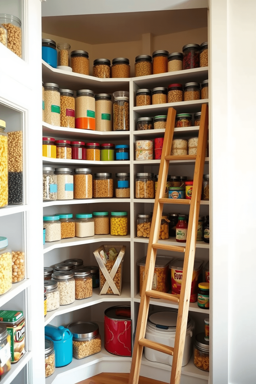 A beautifully organized pantry with color-coded items for visual appeal. Shelves are lined with clear jars filled with vibrant grains, pasta, and snacks, arranged by color for a harmonious look. The walls are painted in a soft cream, enhancing the brightness of the space. A wooden ladder leans against the shelves, providing access to the top rows while adding a rustic charm.