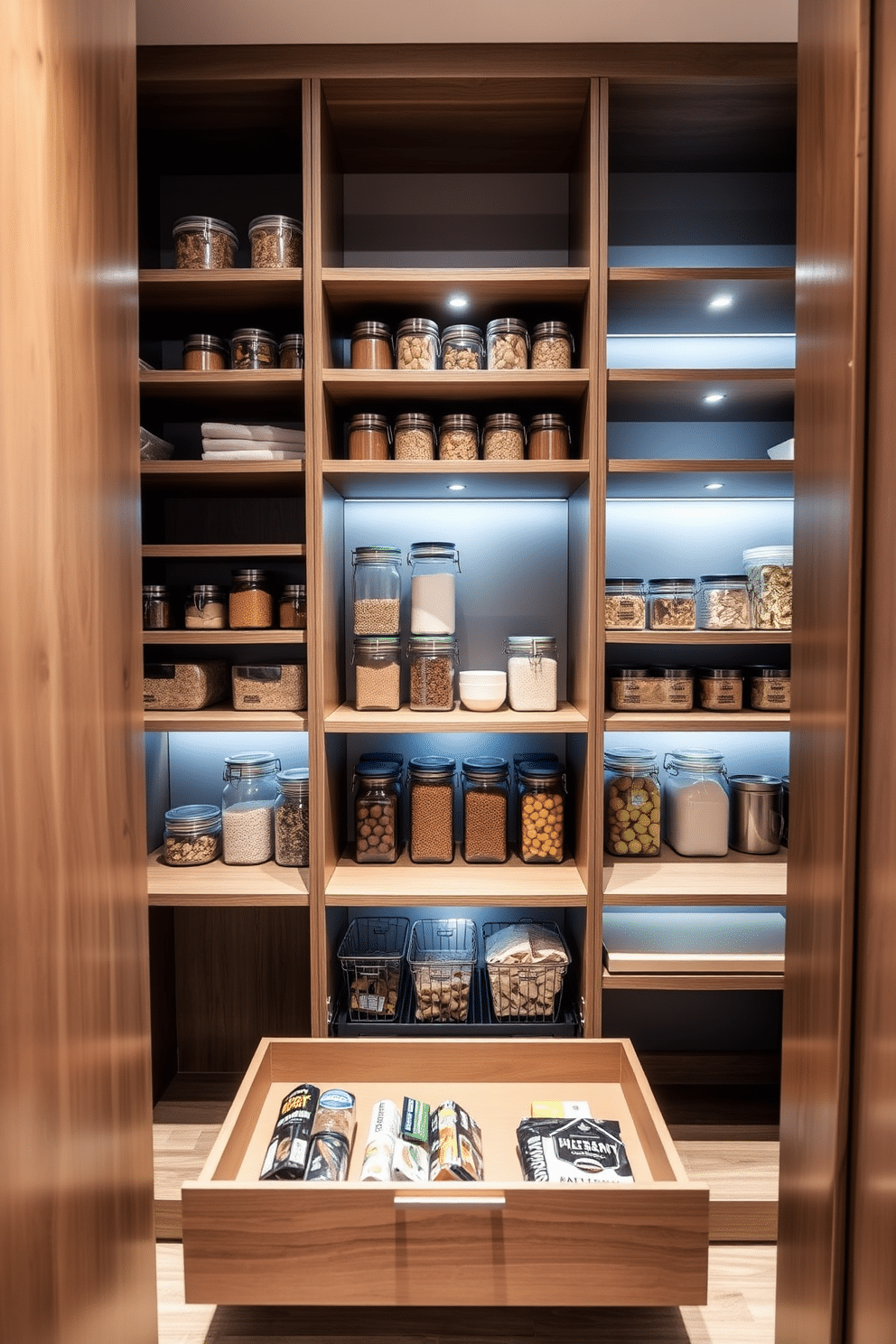 A modern pantry design featuring adjustable shelves that allow for customizable storage solutions. The shelves are made of sleek wood, complemented by a minimalist design that enhances accessibility and organization. The pantry is illuminated by soft LED lighting, highlighting neatly arranged jars and containers filled with dry goods. A pull-out drawer system is incorporated for easy access to smaller items, ensuring an efficient and aesthetically pleasing space.