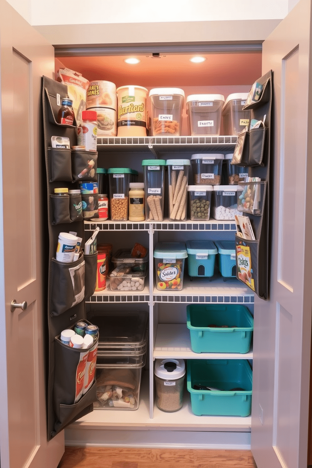 A well-organized pantry featuring vertical racks and pockets that maximize door space for easy access to spices and snacks. The interior showcases clear storage containers and labeled bins on adjustable shelves, creating a visually appealing and functional arrangement.