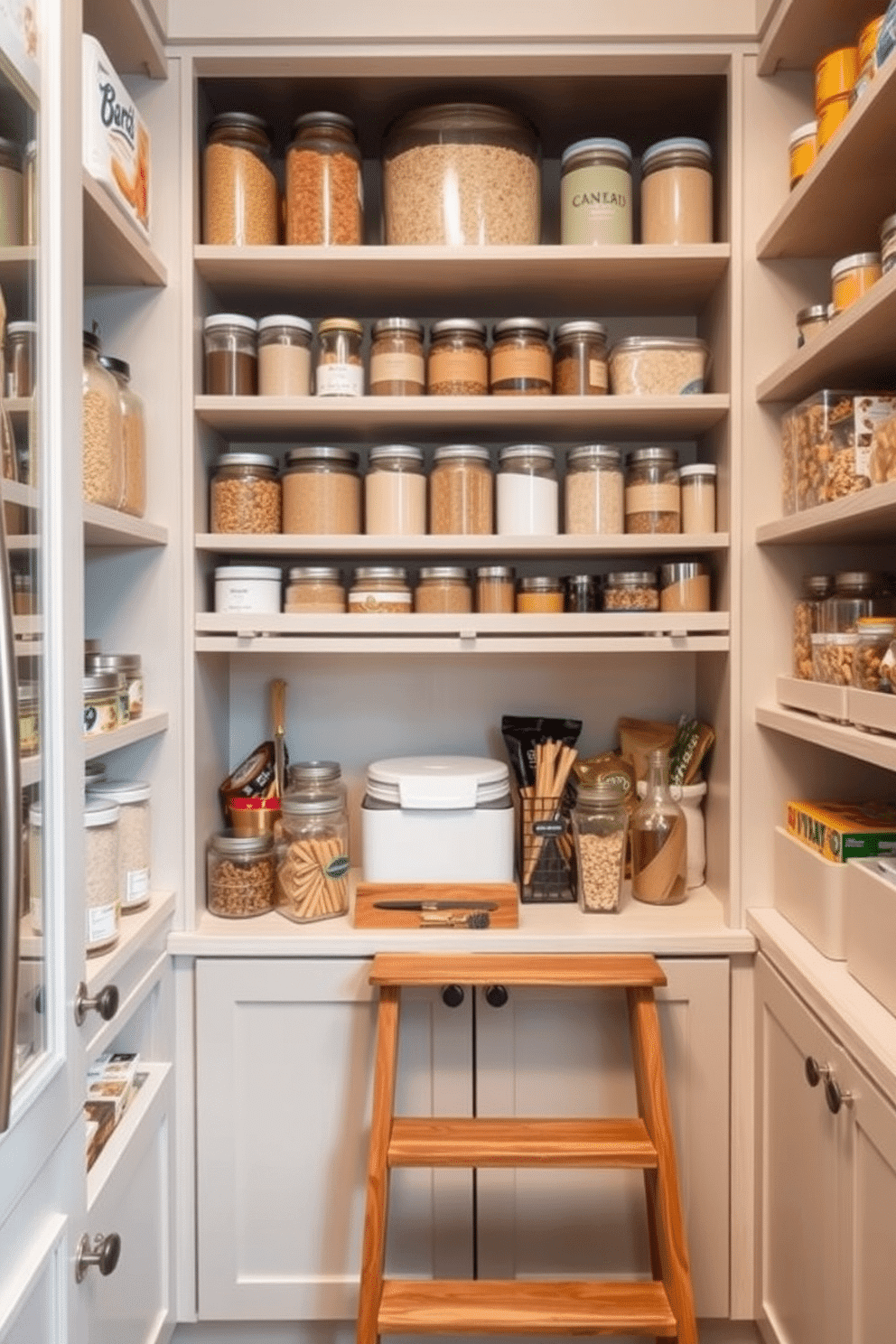 A stylish pantry organization design featuring a small wooden step ladder for easy access to high shelves. The space is filled with neatly arranged jars and containers, showcasing a variety of grains, spices, and snacks, all set against a backdrop of soft, neutral-toned cabinetry.