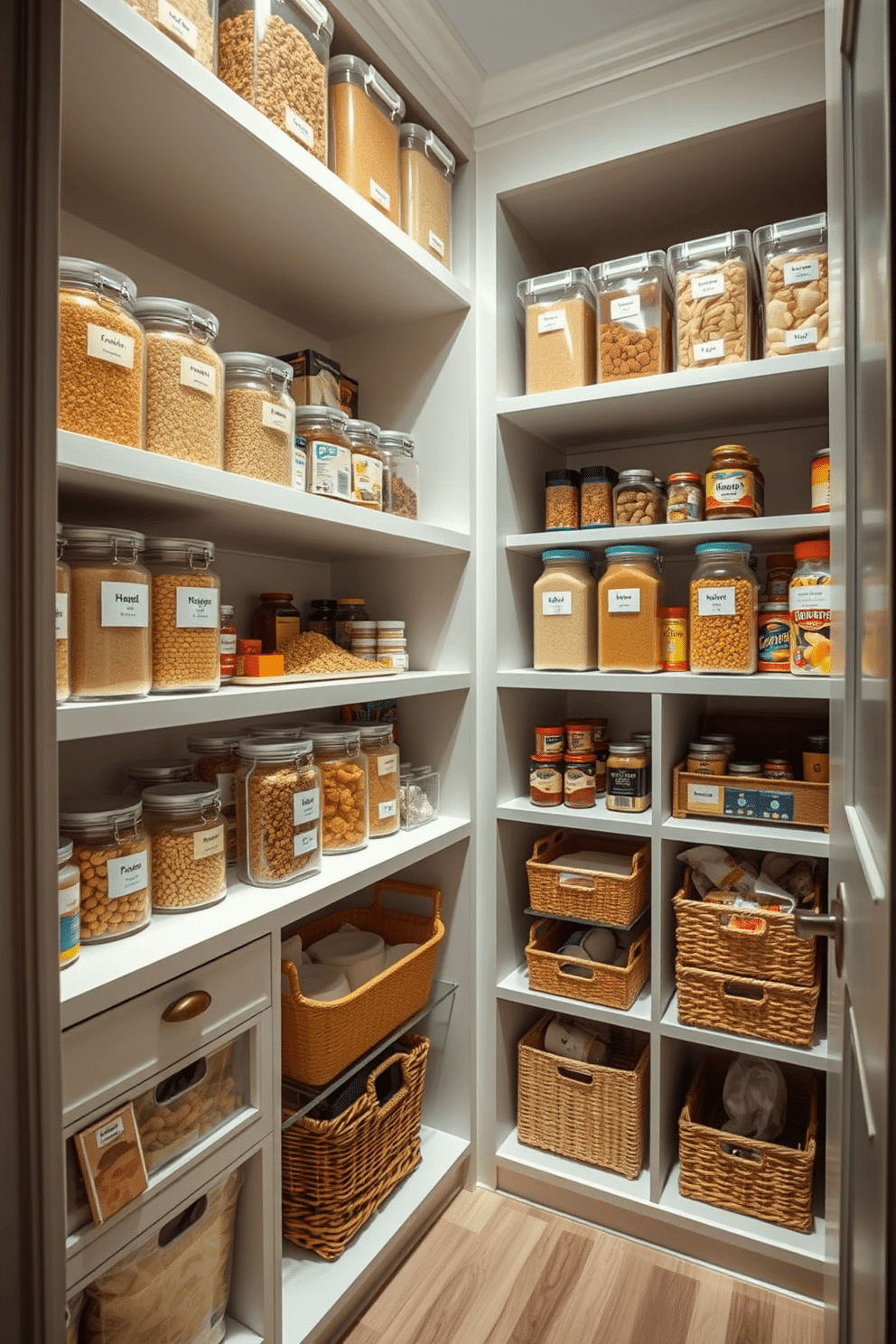 A well-organized pantry features custom shelving that maximizes vertical space, allowing for easy access to all items. Clear storage containers are labeled and neatly arranged, showcasing a variety of grains, snacks, and canned goods. Incorporate pull-out drawers and baskets for bulk items, ensuring everything is within reach and visually appealing. Soft, ambient lighting enhances the space, creating a warm and inviting atmosphere for meal preparation.