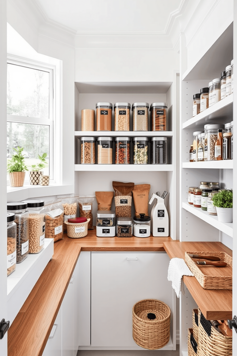 A modern pantry design featuring sleek, airtight containers that keep food fresh and organized. The containers are labeled and arranged on open shelving, showcasing a variety of grains, snacks, and spices in an aesthetically pleasing manner. The pantry walls are painted in a soft white, creating a bright and airy atmosphere. A wooden countertop provides additional workspace, complemented by stylish baskets for storing larger items and a small herb garden on the windowsill.