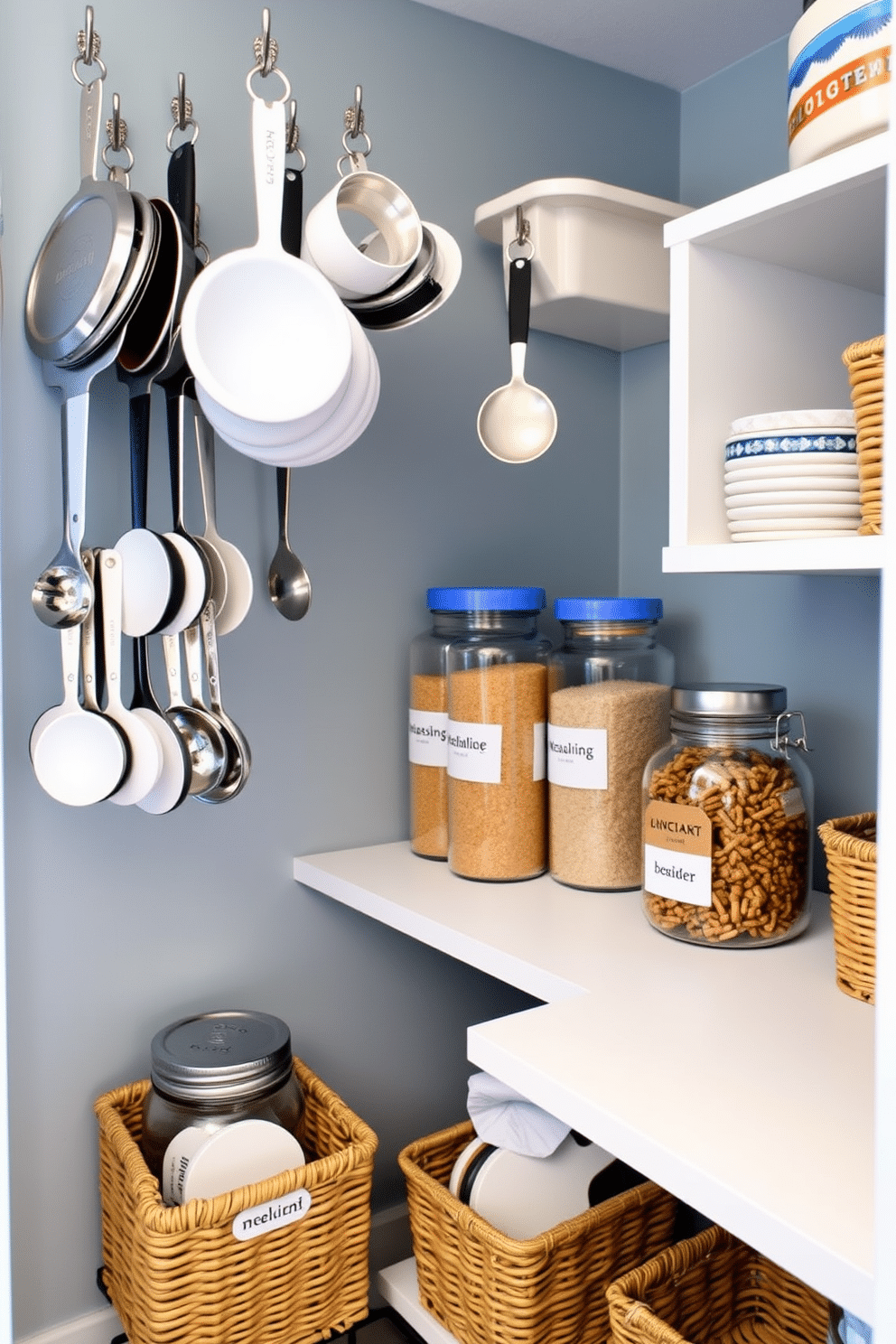 A stylish pantry featuring open shelving where measuring cups and spoons are elegantly hung on decorative hooks. The shelves are organized with labeled jars and baskets, creating a functional yet visually appealing space.