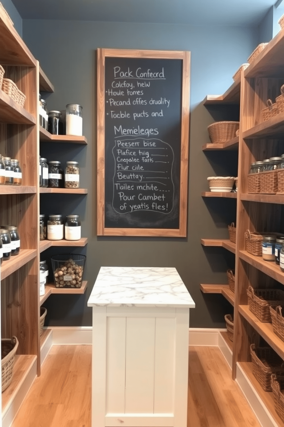 A cozy pantry space designed for optimal organization. There’s a large chalkboard mounted on the wall for notes and lists, surrounded by open shelving filled with neatly labeled jars and baskets. The shelves are crafted from reclaimed wood, providing a rustic charm. A small island in the center features a marble countertop, ideal for meal prep and additional storage.