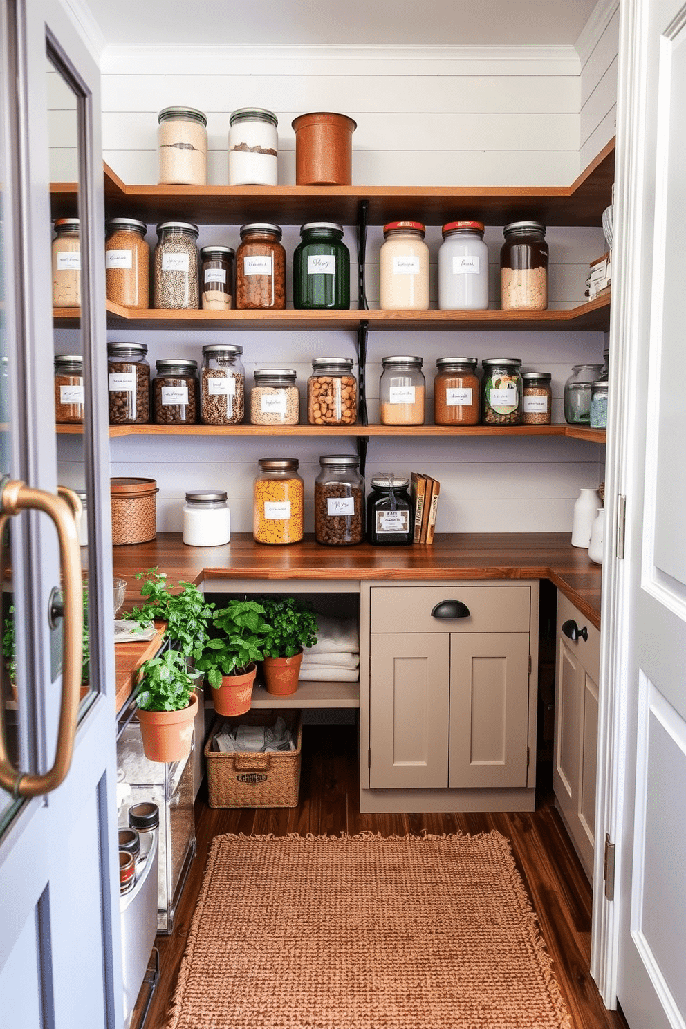 A stylish pantry featuring decorative jars for bulk items, neatly arranged on open shelving. The jars, with varying sizes and elegant labels, create a visually appealing display against a backdrop of soft white shiplap walls. Incorporate a wooden countertop for meal prep, complemented by a small herb garden in decorative pots. The floor is adorned with a warm, textured rug that adds comfort and style to the organized space.