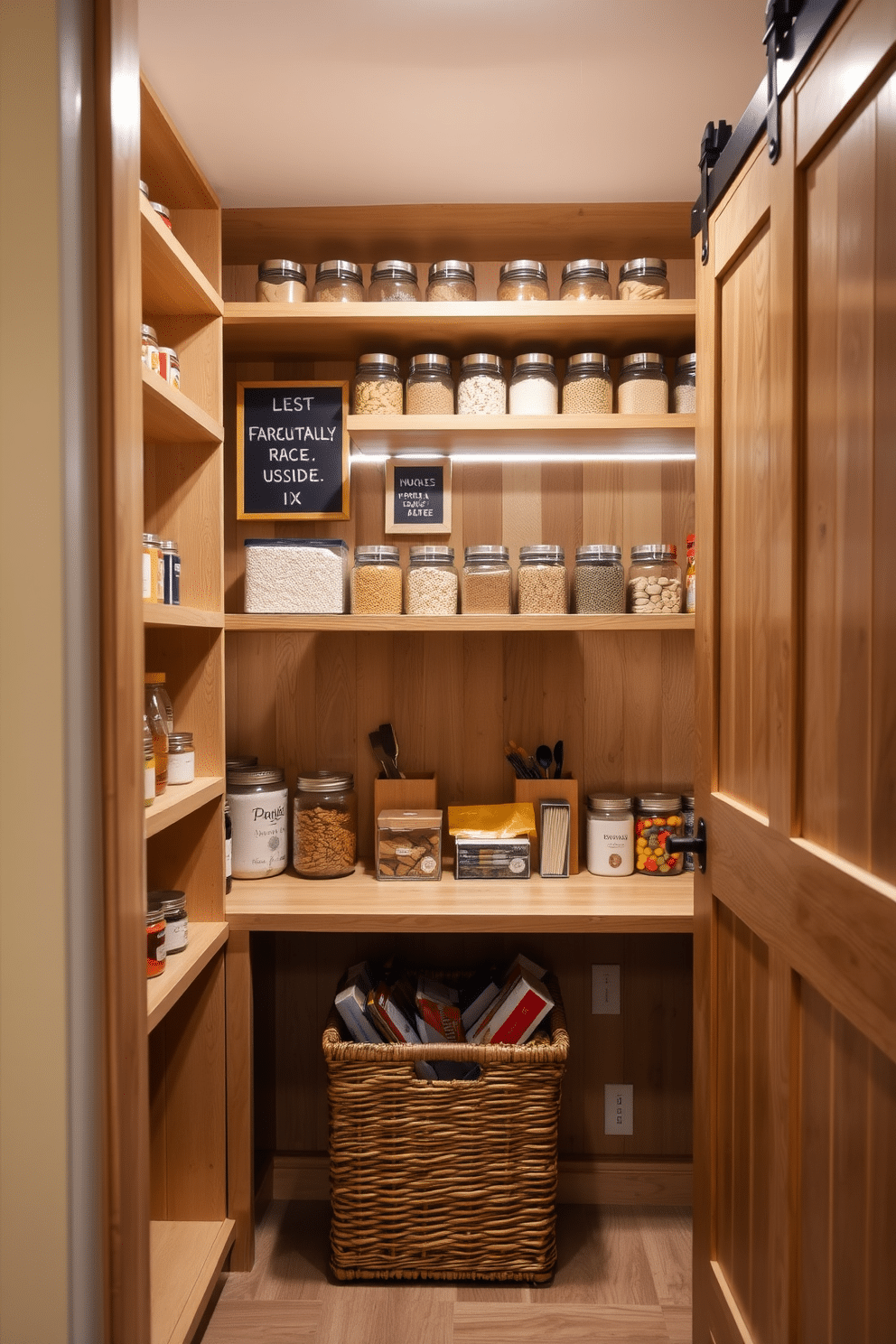 A well-organized pantry featuring floor-to-ceiling shelves made of light oak wood, neatly arranged with labeled glass jars holding various dry goods like pasta, rice, and spices. A small chalkboard on one shelf displays a list of frequently used items, while a stylish wicker basket at the bottom holds snacks and quick-access items. The pantry has a soft, warm LED strip lighting illuminating the space, enhancing the natural wood tones and creating an inviting atmosphere. A sliding barn door made of reclaimed wood adds a rustic charm, complementing the organized and aesthetically pleasing layout of the pantry.