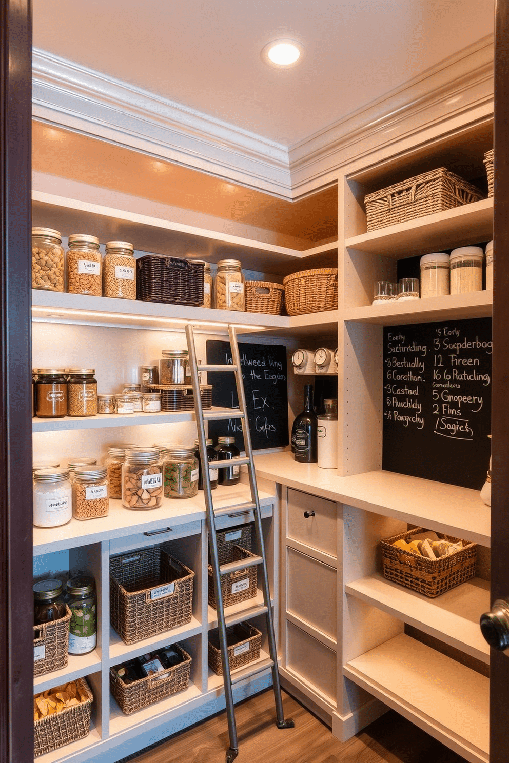 A well-organized pantry featuring custom shelving that maximizes space and enhances accessibility. Soft, warm LED lighting illuminates the shelves, highlighting neatly arranged jars, baskets, and labeled containers for a cohesive look. The pantry includes a sliding ladder for reaching the top shelves, adding a touch of elegance and functionality. A chalkboard wall allows for easy meal planning and grocery lists, seamlessly blending style with practicality.