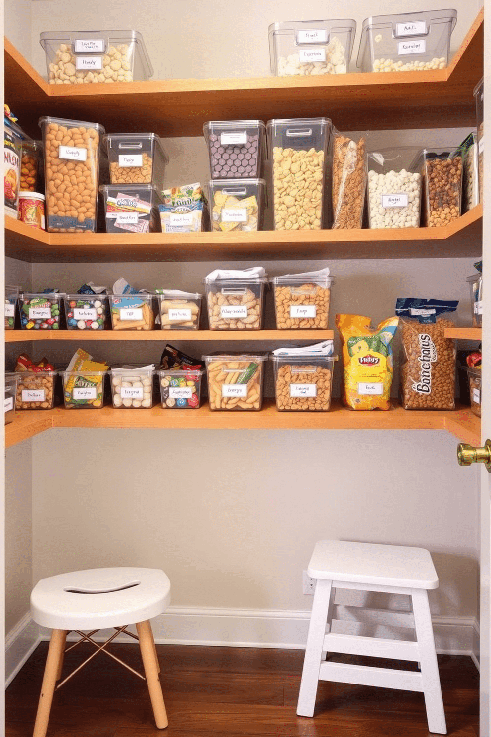 A well-organized pantry features clear bins filled with an assortment of snacks and treats, allowing for easy visibility and access. The bins are neatly labeled and arranged on sturdy shelves, creating a visually appealing and functional space. The walls are painted in a soft, neutral tone that complements the natural wood of the shelving. A stylish step stool is placed nearby for reaching higher shelves, enhancing both practicality and aesthetics.