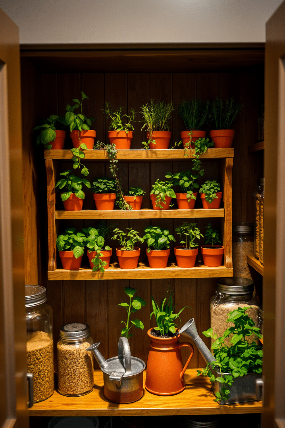 A charming mini herb garden nestled in a pantry, featuring various potted herbs like basil, rosemary, and thyme arranged on a tiered wooden shelf. The shelves are lined with rustic terracotta pots, and a small watering can sits nearby, adding to the inviting atmosphere. The pantry is organized with clear glass jars filled with grains and spices, neatly labeled for easy access. Warm, ambient lighting illuminates the space, creating a cozy and functional environment for cooking enthusiasts.