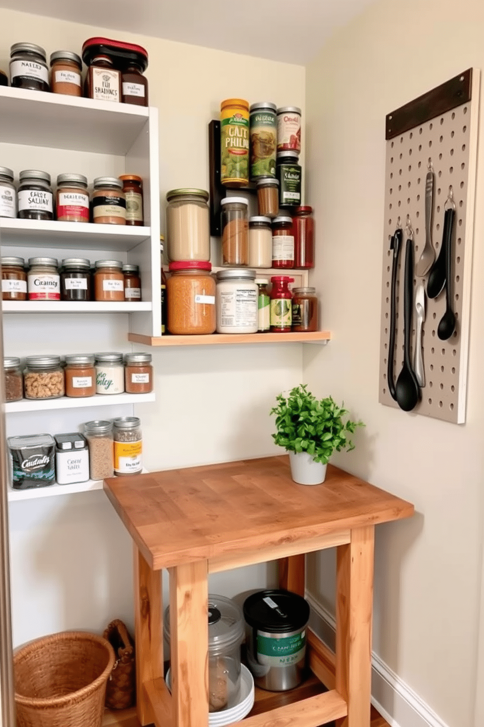 A cozy kitchen pantry featuring a small prep table made of reclaimed wood, positioned against the wall for added workspace. The shelves are neatly organized with labeled jars of spices, grains, and canned goods, complemented by a stylish wall-mounted pegboard for hanging utensils. The pantry walls are painted in a soft cream color, creating a bright and inviting atmosphere. A small potted herb plant sits on the prep table, adding a touch of greenery and freshness to the organized space.