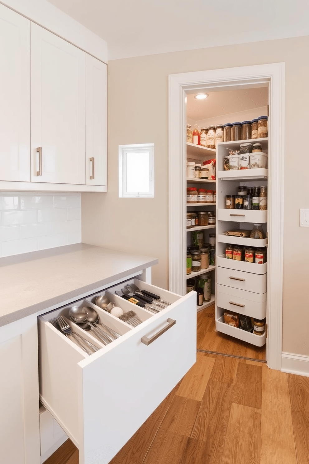 A modern kitchen featuring sleek drawer dividers that neatly organize utensils, ensuring easy access and a clutter-free space. The cabinetry is a soft white, complemented by a light gray countertop, and the floor is adorned with warm wooden planks. Adjacent to the kitchen, a well-organized pantry showcases labeled containers and pull-out shelves for optimal storage. The walls are painted a soft beige, and a small window allows natural light to illuminate the neatly arranged spices and snacks.