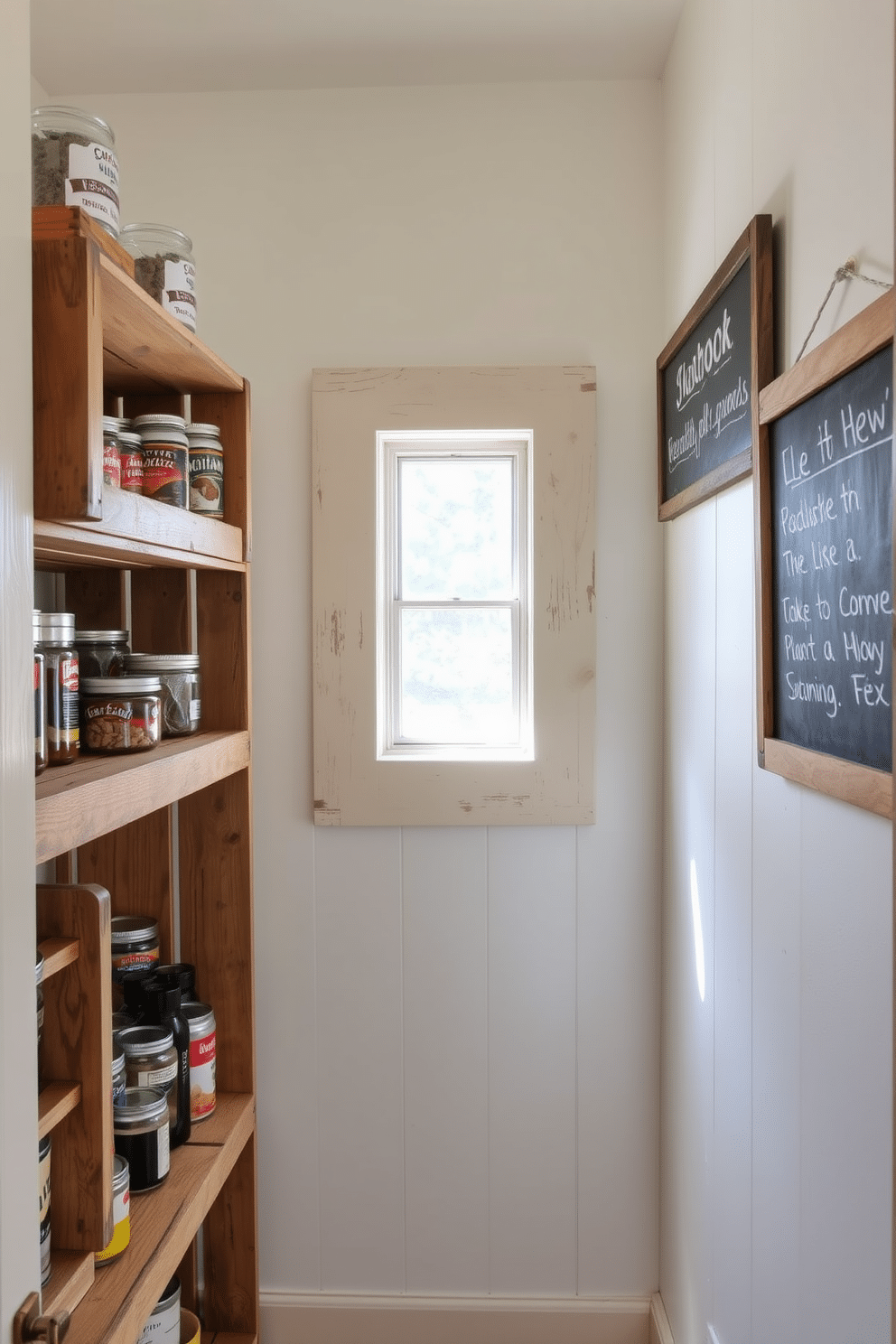 A charming pantry design featuring repurposed old wooden crates used as rustic storage solutions. The crates are stacked creatively on shelves, providing an organized yet inviting display for canned goods and spices. Natural light floods the space through a small window, highlighting the warm tones of the wood. A vintage-style chalkboard hangs on the wall, serving as a functional and decorative element for writing grocery lists and meal plans.