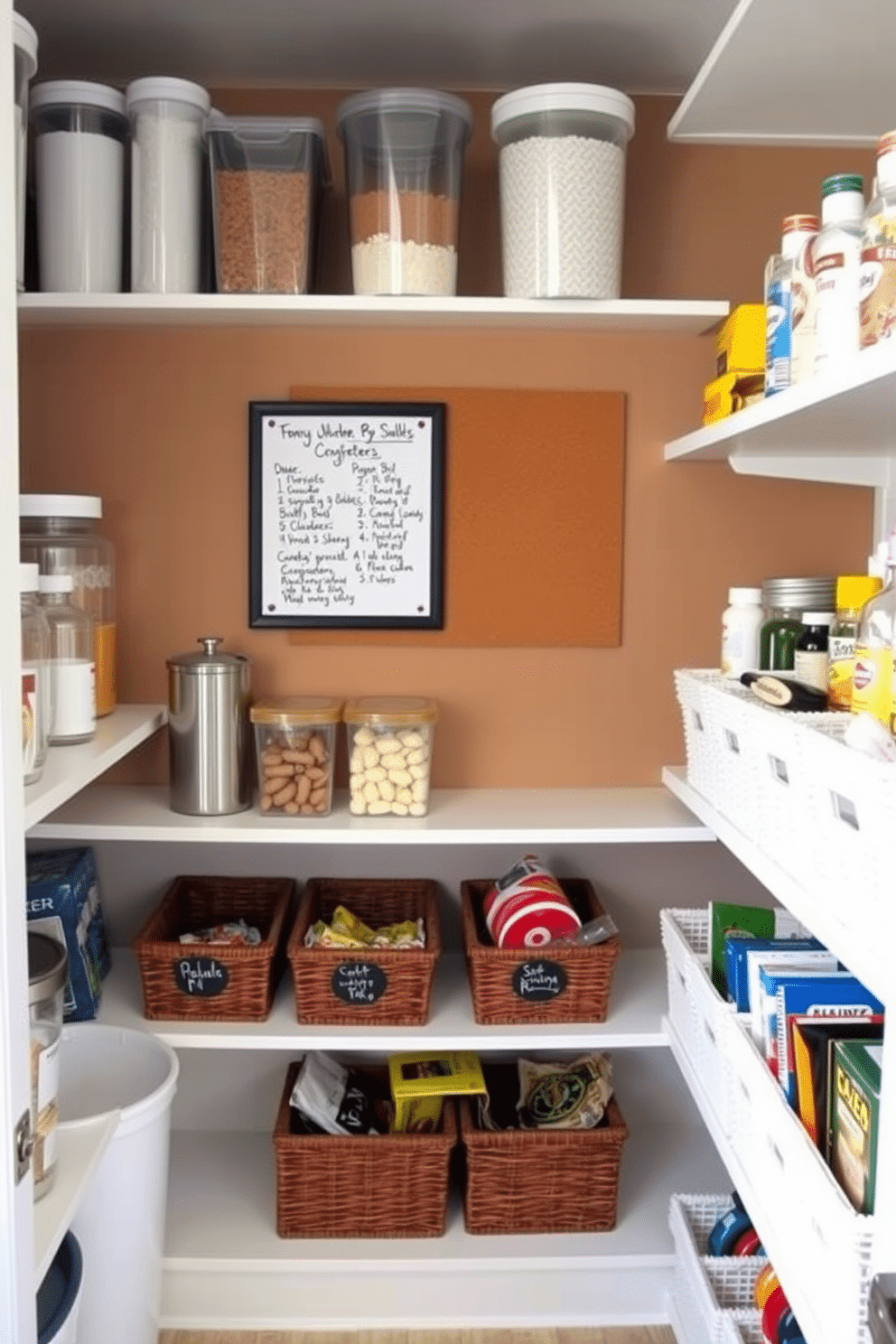 A stylish pantry featuring a corkboard mounted on the wall, ideal for displaying recipes and reminders. The shelves are neatly organized with clear containers for dry goods, while labeled baskets hold snacks and cooking essentials.