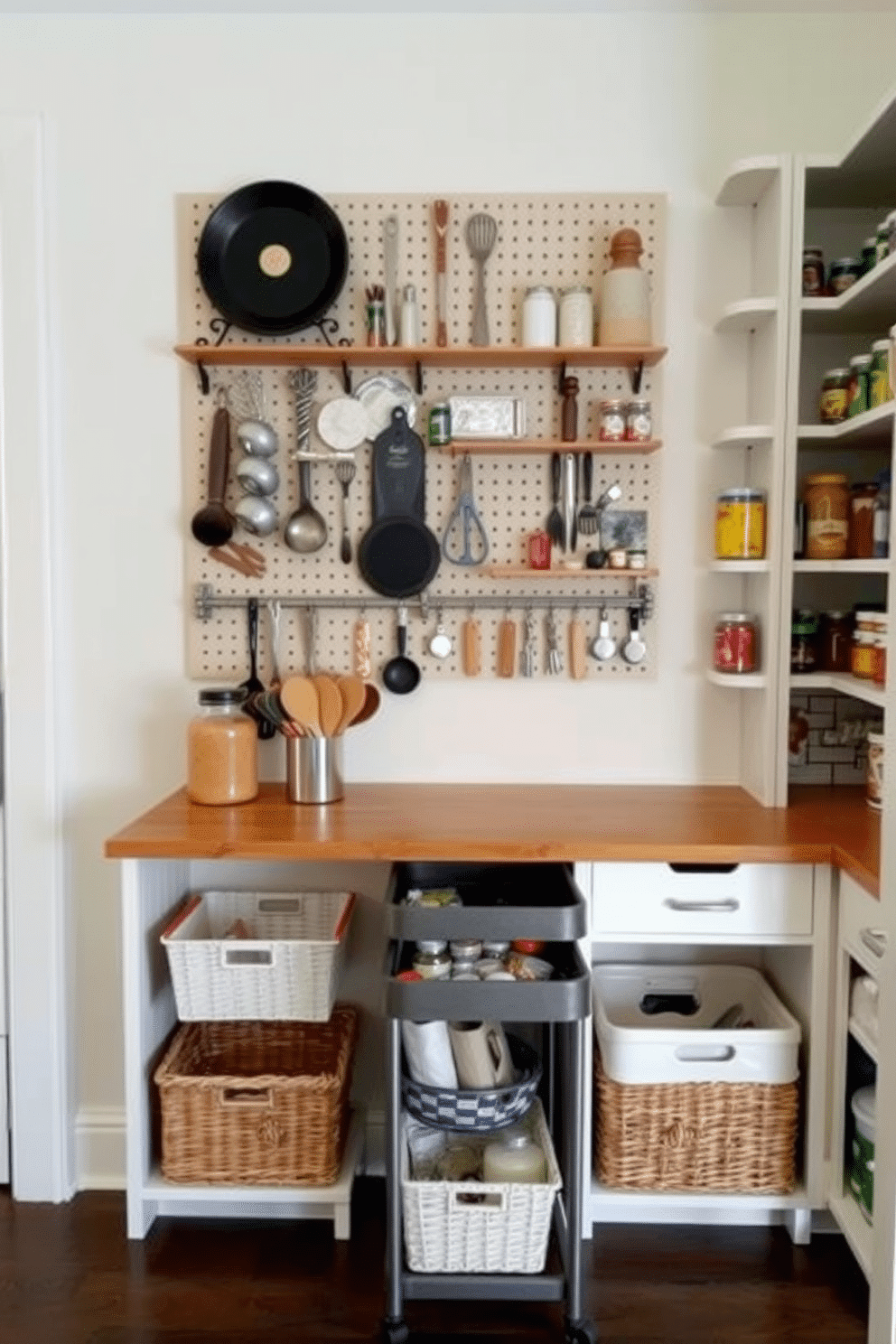 A pegboard is mounted on the wall, featuring an array of hooks and shelves that hold various kitchen utensils, jars, and decorative items for easy access. Below the pegboard, a wooden countertop serves as a workspace, complemented by neatly organized baskets for pantry essentials, creating a functional yet stylish storage solution. The pantry is designed with open shelving that showcases colorful jars and containers, making it easy to find ingredients at a glance. A small rolling cart is placed in the center, providing additional storage and serving space, while the walls are painted in a soft, inviting hue that enhances the overall aesthetic.