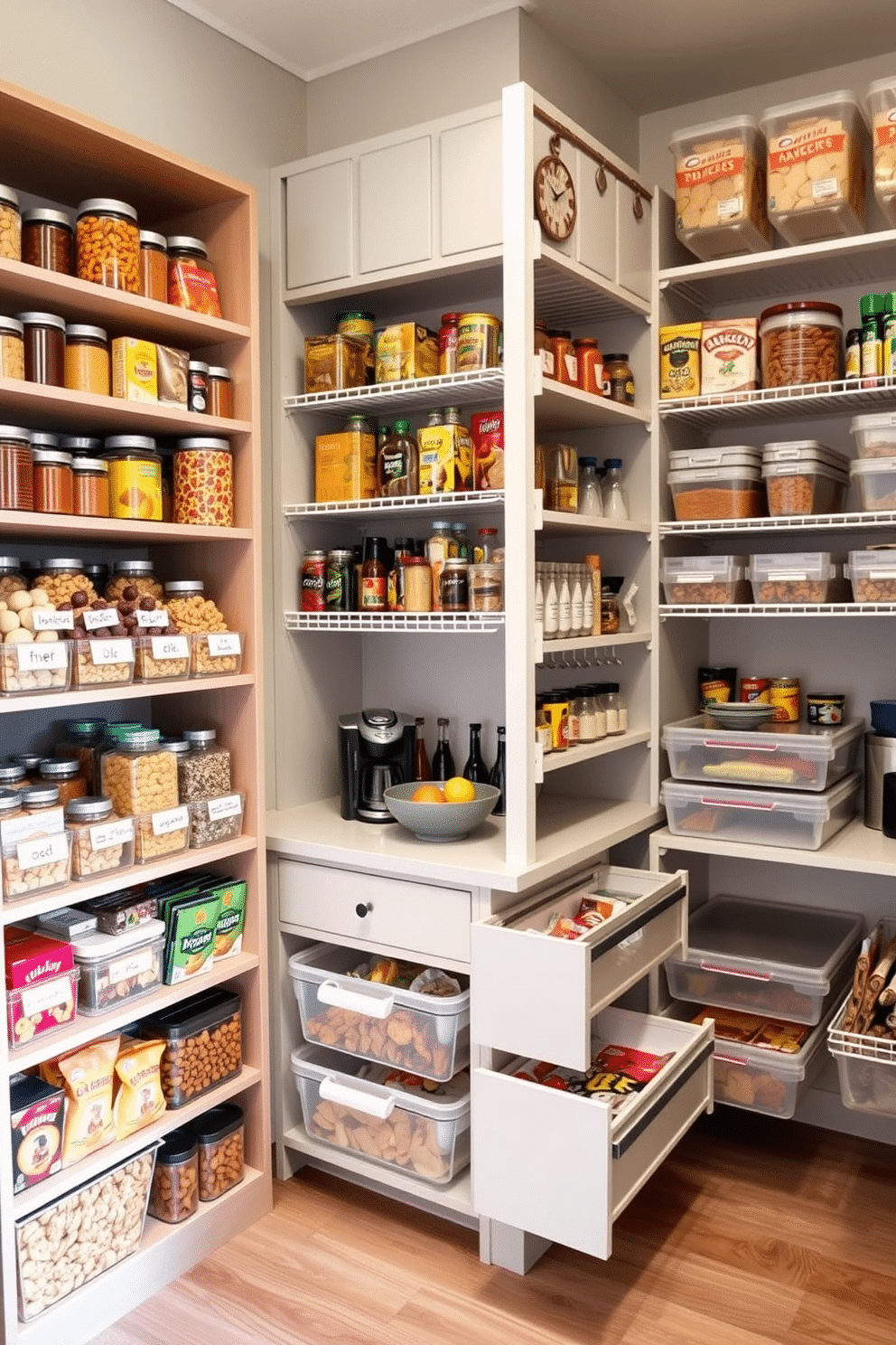 A cozy family snack station designed for convenience features a multi-tiered shelving unit filled with colorful jars of snacks, neatly labeled for easy access. A small countertop area includes a bowl of fresh fruit and a coffee maker, creating a welcoming space for family gatherings. For pantry organization, envision a well-structured layout with pull-out drawers and clear bins to maximize space and visibility. The walls are lined with adjustable shelves, allowing for flexible storage solutions that accommodate various sizes of food items and kitchen essentials.