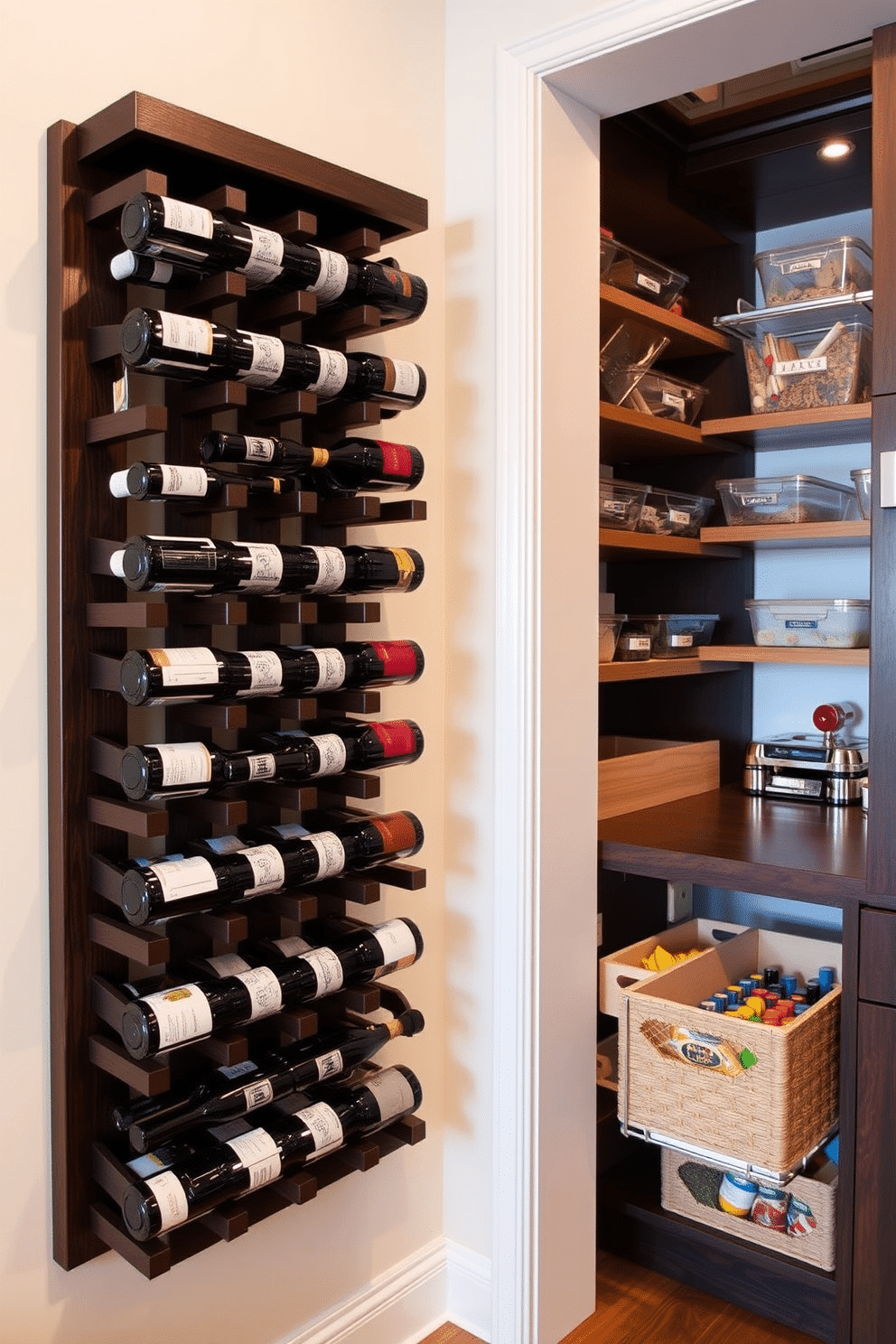 A stylish wine rack is installed along the wall, crafted from dark wood with a sleek finish that complements the surrounding decor. The rack holds an assortment of wine bottles, neatly organized and easily accessible, creating a focal point in the room. In the pantry, shelves are designed for optimal organization, featuring clear containers for dry goods and labeled baskets for easy identification. A pull-out spice rack is integrated into the cabinetry, ensuring that all essentials are within reach while maintaining a clean and tidy appearance.