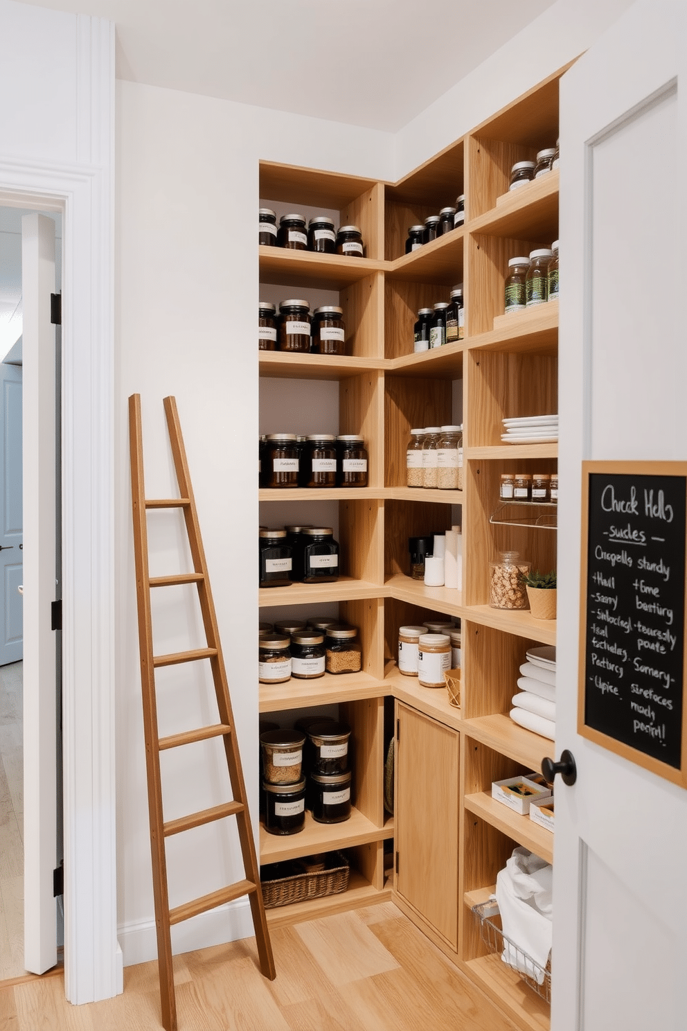 A modern pantry featuring tiered shelves for optimal access and organization. The shelves are made of light wood, displaying neatly arranged jars and containers, with labels for easy identification. The walls are painted a soft white, creating a clean and airy feel. A small, stylish ladder leans against one side, allowing access to the top shelves, while a chalkboard on the door lists grocery items and meal ideas.