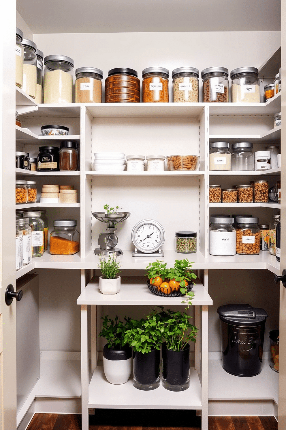 A well-organized pantry featuring adjustable shelving that allows for easy access and visibility of all items. Clear glass jars filled with various ingredients are neatly labeled, while a scale for portion control is prominently displayed on the countertop. The walls are painted in a soft, neutral tone, creating a calm atmosphere. A small, stylish table is placed in the center, adorned with fresh herbs in pots and a decorative fruit bowl, enhancing both functionality and aesthetics.