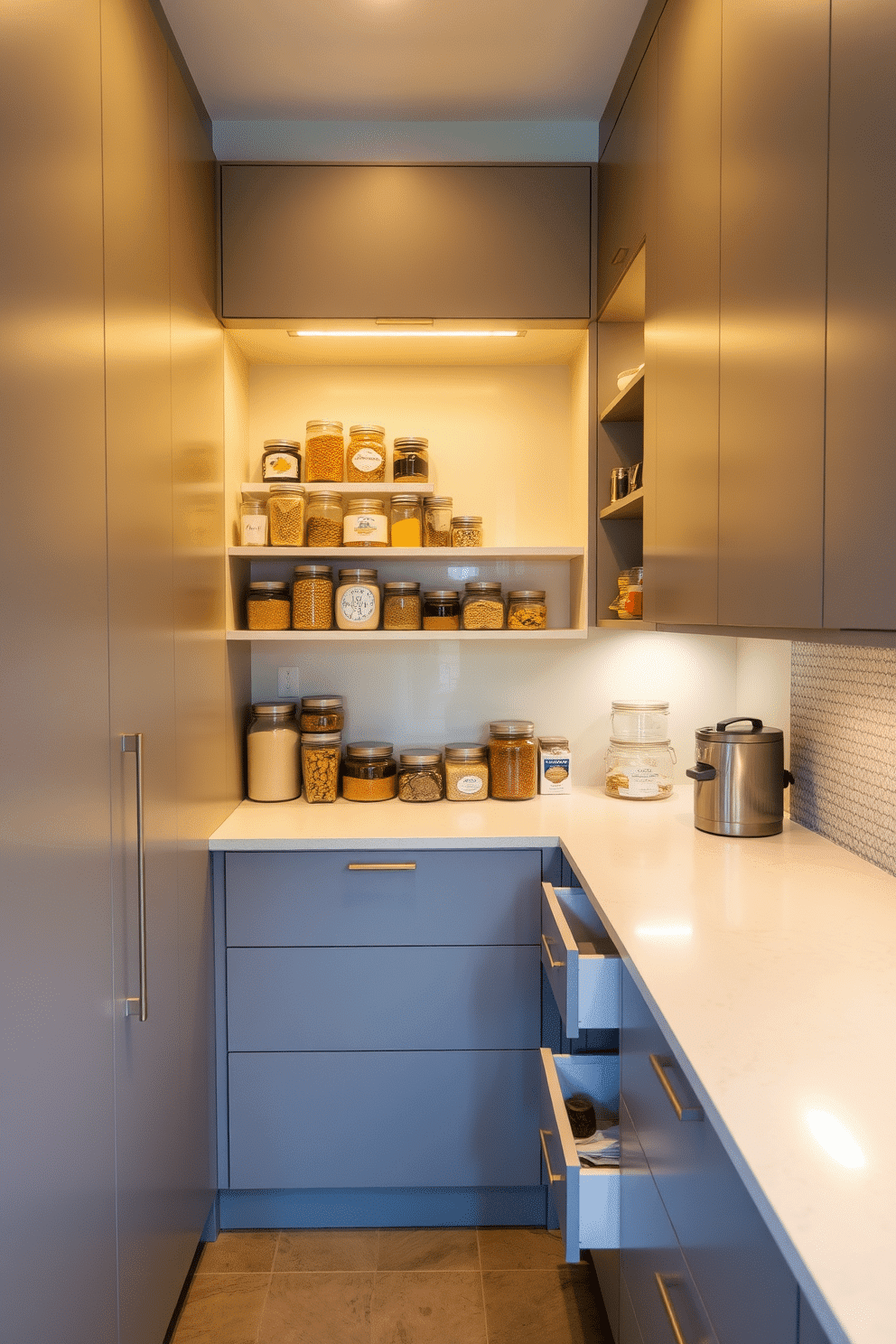 A modern pantry featuring sleek cabinetry with pull-out drawers for maximum convenience and organization. The space is illuminated by warm LED lights, highlighting neatly arranged jars and containers filled with various pantry staples. The walls are painted in a soft, neutral tone, creating a calm atmosphere, while a textured backsplash adds visual interest. A small, stylish ladder leans against the shelving, providing easy access to higher storage areas.