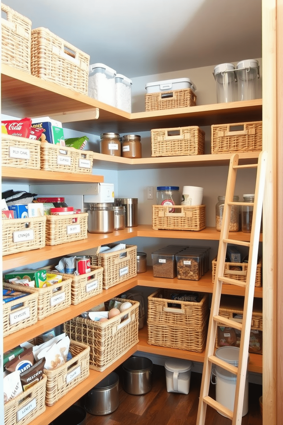 A well-organized pantry features wooden shelves lined with neatly arranged baskets that group similar items, such as snacks, canned goods, and baking supplies. The baskets are labeled for easy identification, and the overall color scheme includes soft neutrals and warm wood tones to create a welcoming atmosphere. Incorporate clear containers for dry goods, allowing visibility while maintaining a tidy appearance. A small, stylish ladder leans against one wall, providing access to higher shelves while adding a decorative touch to the space.