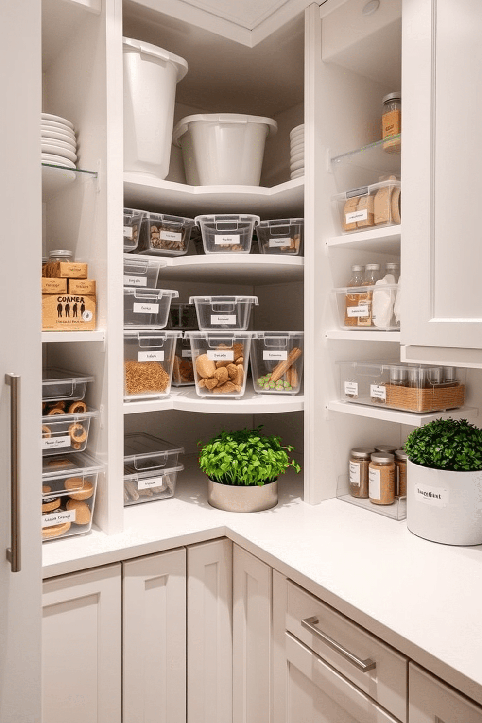 A modern pantry featuring a sleek, white cabinetry with a built-in lazy Susan for easy corner access. The shelves are organized with clear storage bins, labeled for efficient ingredient retrieval, and a small herb garden sits on the countertop for fresh cooking.