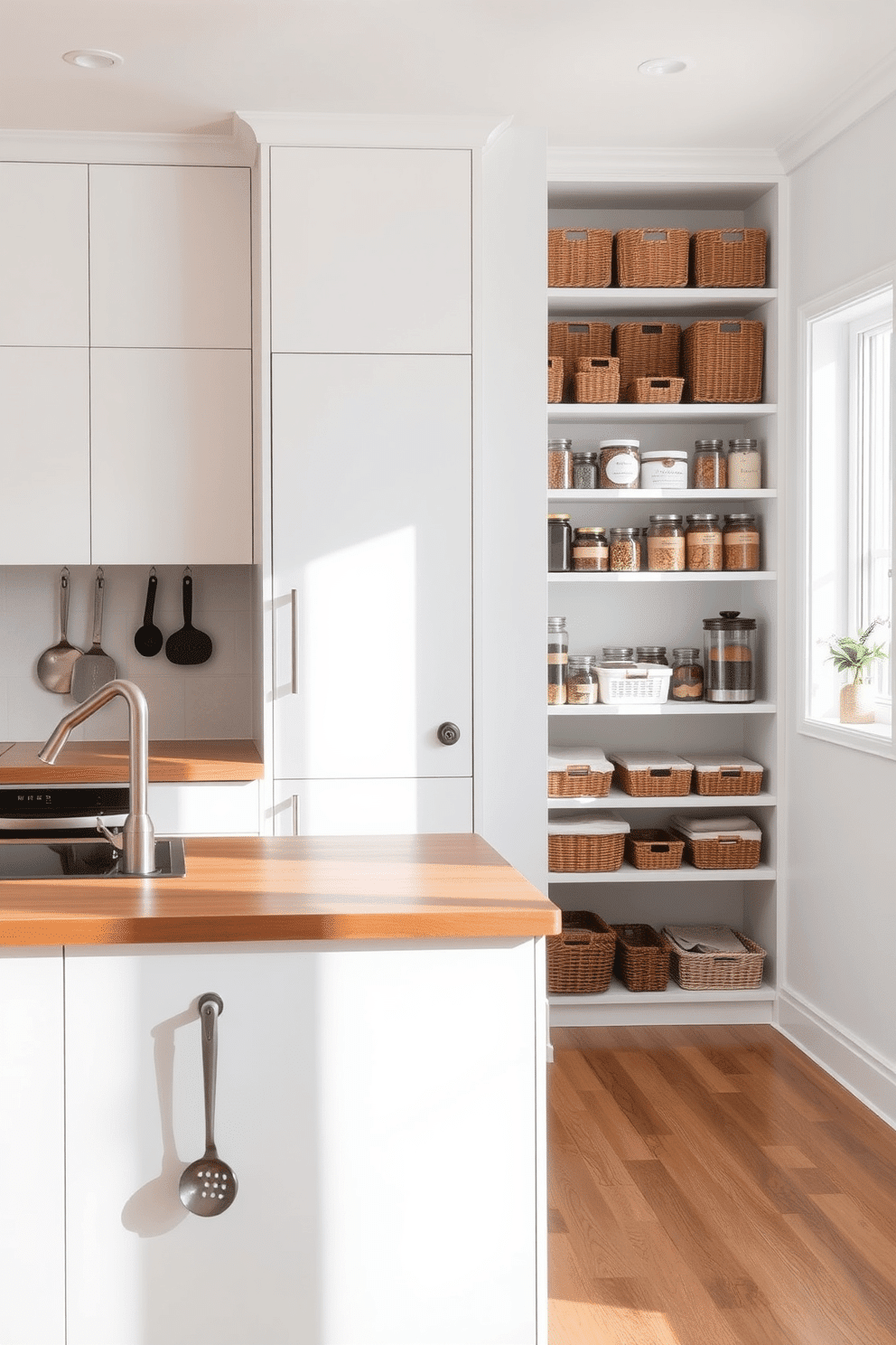 A modern kitchen featuring a sleek, minimalist design with a central island that includes built-in hooks for hanging kitchen tools. The cabinetry is a soft white, complemented by a warm wood finish on the island, creating a harmonious balance. Adjacent to the kitchen, a well-organized pantry showcases open shelving filled with neatly arranged jars and baskets, maximizing storage efficiency. Natural light streams in through a window, illuminating the space and highlighting the thoughtful organization of kitchen essentials.