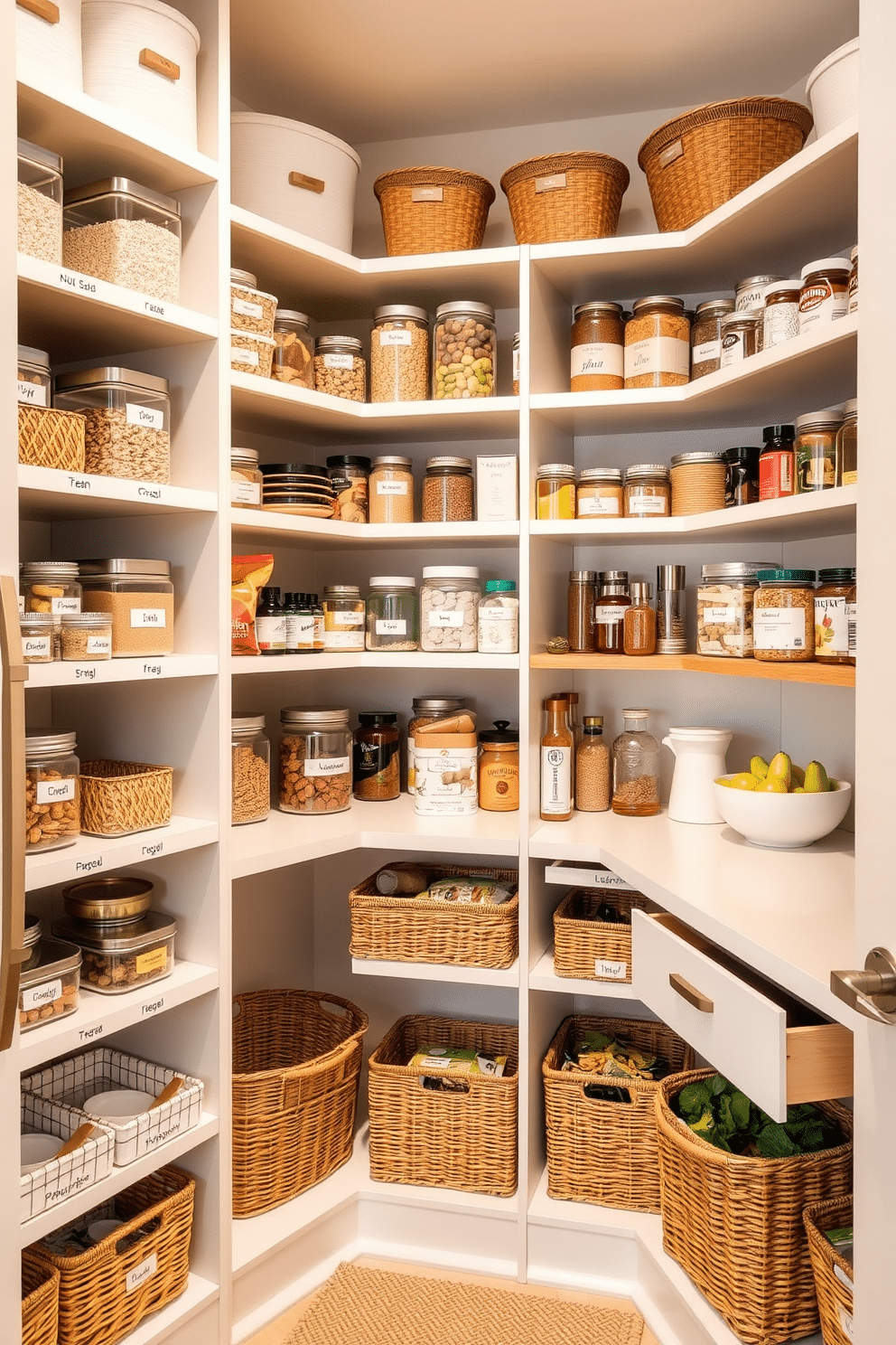 A well-organized pantry that designates zones for different food types. The shelves are neatly arranged with labeled containers for grains, snacks, canned goods, and spices, creating a visually appealing and functional space. Incorporate pull-out baskets for easy access to frequently used items and a dedicated section for fresh produce. The color palette features soft neutrals with wooden accents, enhancing the warmth and inviting nature of the pantry.