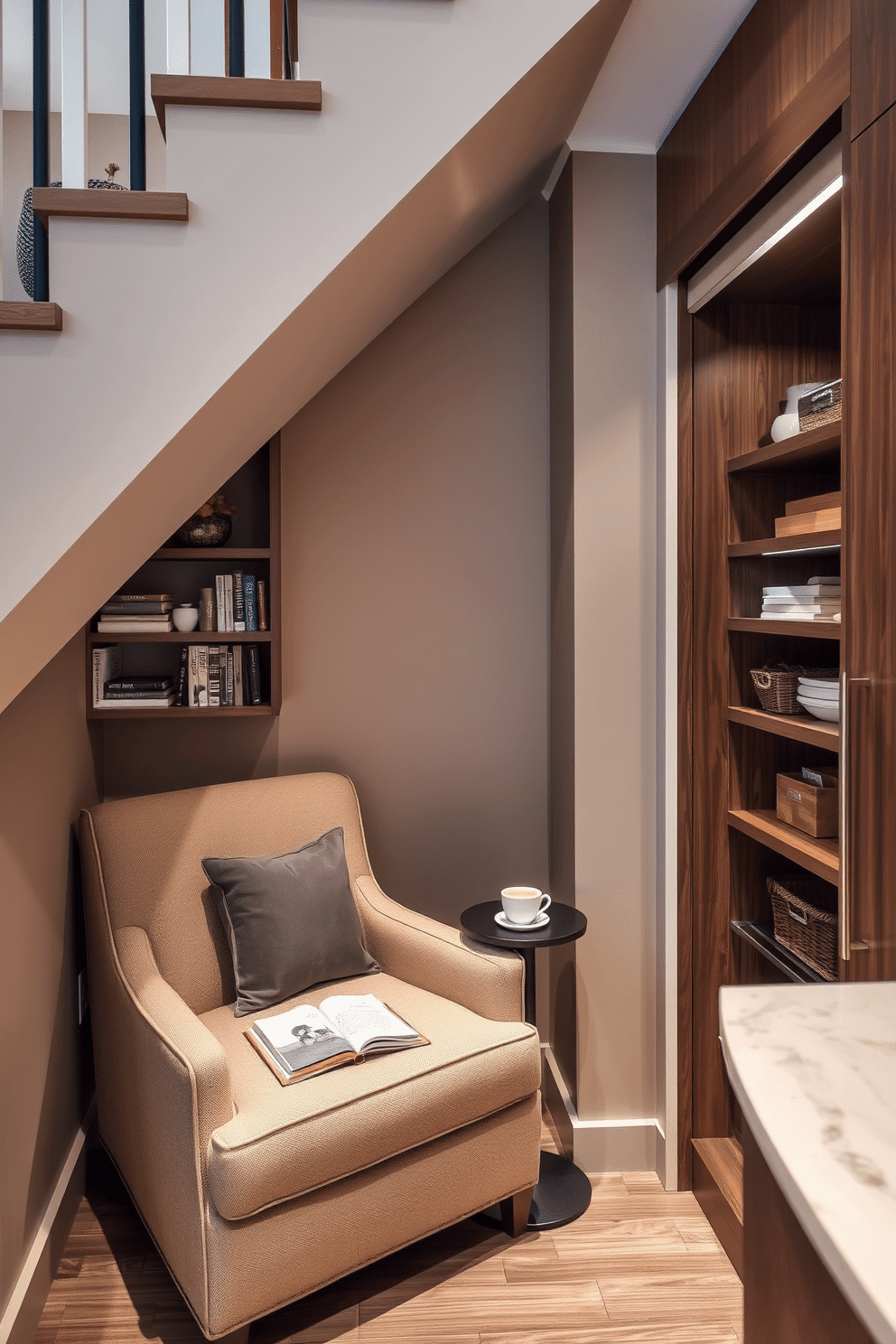 A cozy reading nook nestled under the stairs features a plush armchair in a soft, neutral fabric, accompanied by a small side table holding a stack of books and a steaming cup of tea. The walls are painted in a warm taupe, and a built-in shelf filled with books and decorative items surrounds the nook, creating an inviting atmosphere. Adjacent to the reading nook, the pantry under the stairs is designed with sleek cabinetry in a rich wood finish, maximizing storage space with pull-out shelves and baskets. Soft LED lighting illuminates the pantry, highlighting its organized layout and adding a touch of warmth to the overall design.