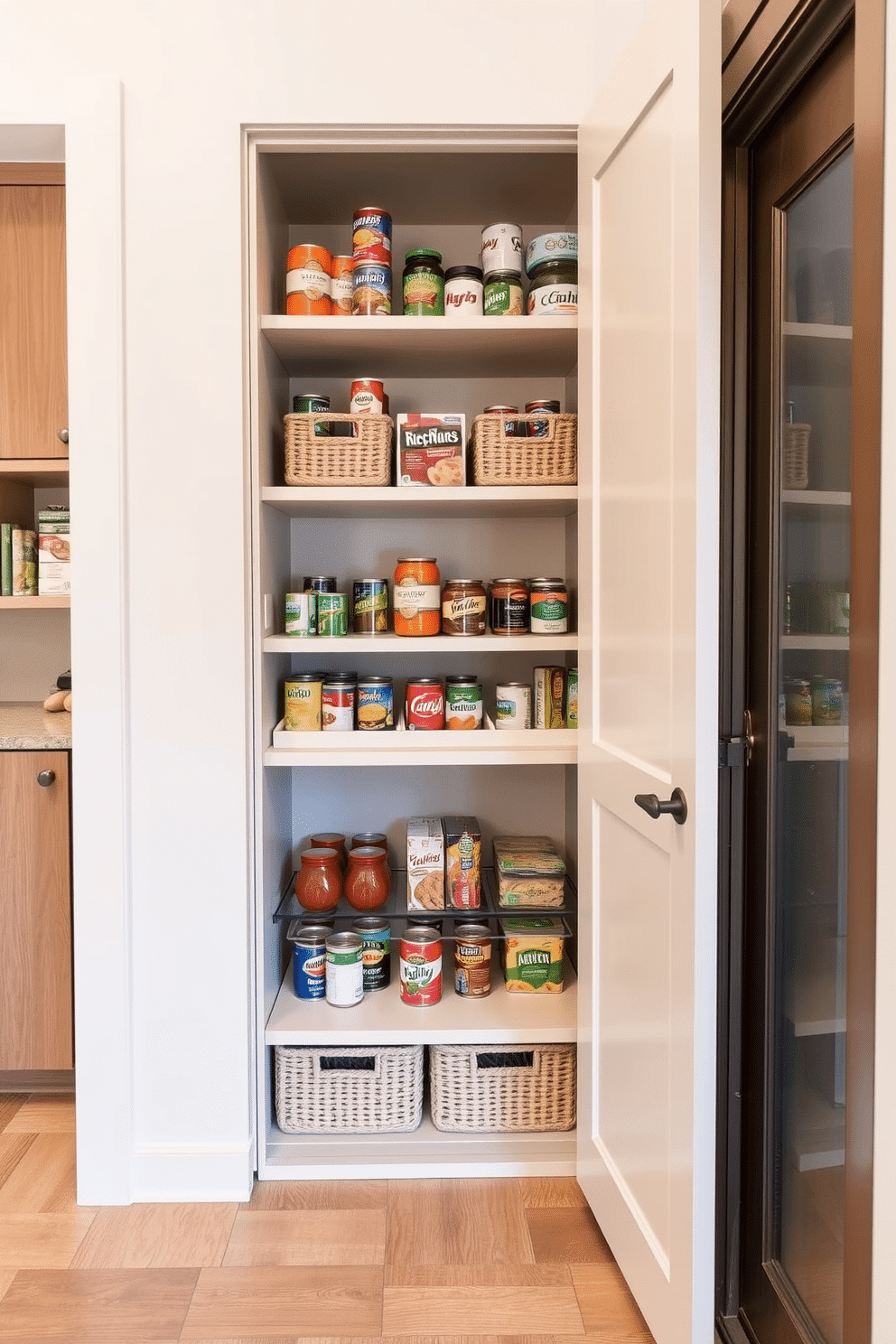 Vertical storage for canned goods. The design features a sleek, modular shelving unit that maximizes height, with pull-out baskets for easy access to various canned items. Pantry under the stairs design ideas. This cozy pantry utilizes the unique space with custom-built shelves, incorporating a sliding door for easy access and a warm, inviting color palette to enhance functionality.