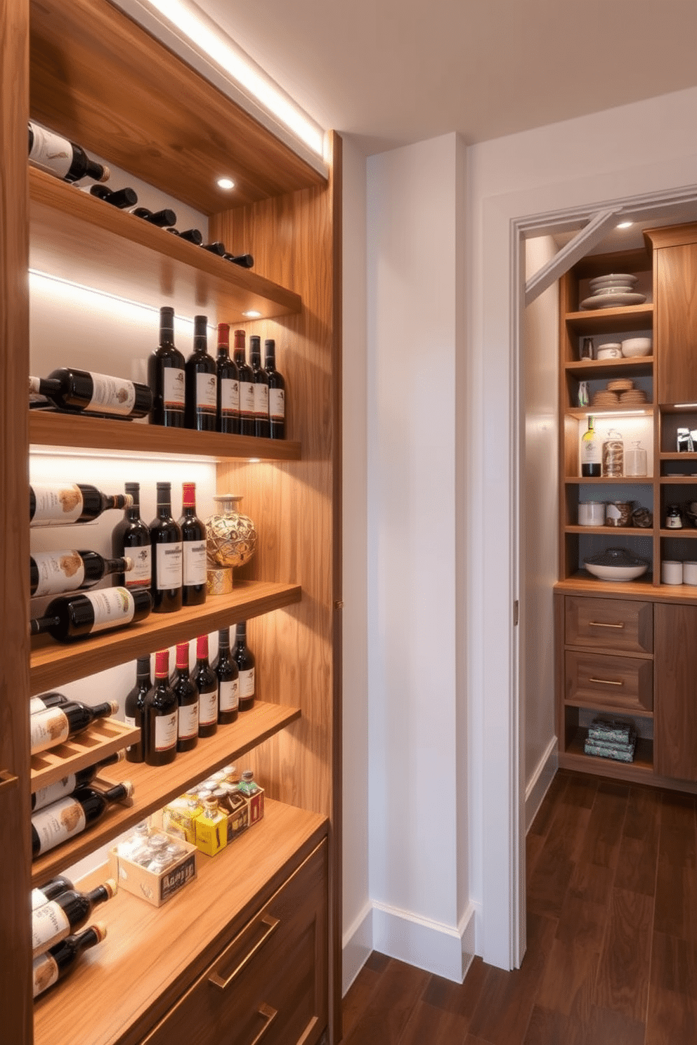 A stylish wine rack seamlessly integrated into a modern pantry design, featuring sleek wooden shelves that showcase a variety of wine bottles. The pantry is illuminated by soft LED lighting, highlighting the rich textures of natural wood and the organized arrangement of gourmet ingredients. An innovative pantry designed under the stairs, utilizing the space efficiently with custom shelving and pull-out drawers. The design incorporates a charming combination of open and closed storage, accented by warm lighting and decorative elements that enhance the cozy atmosphere.