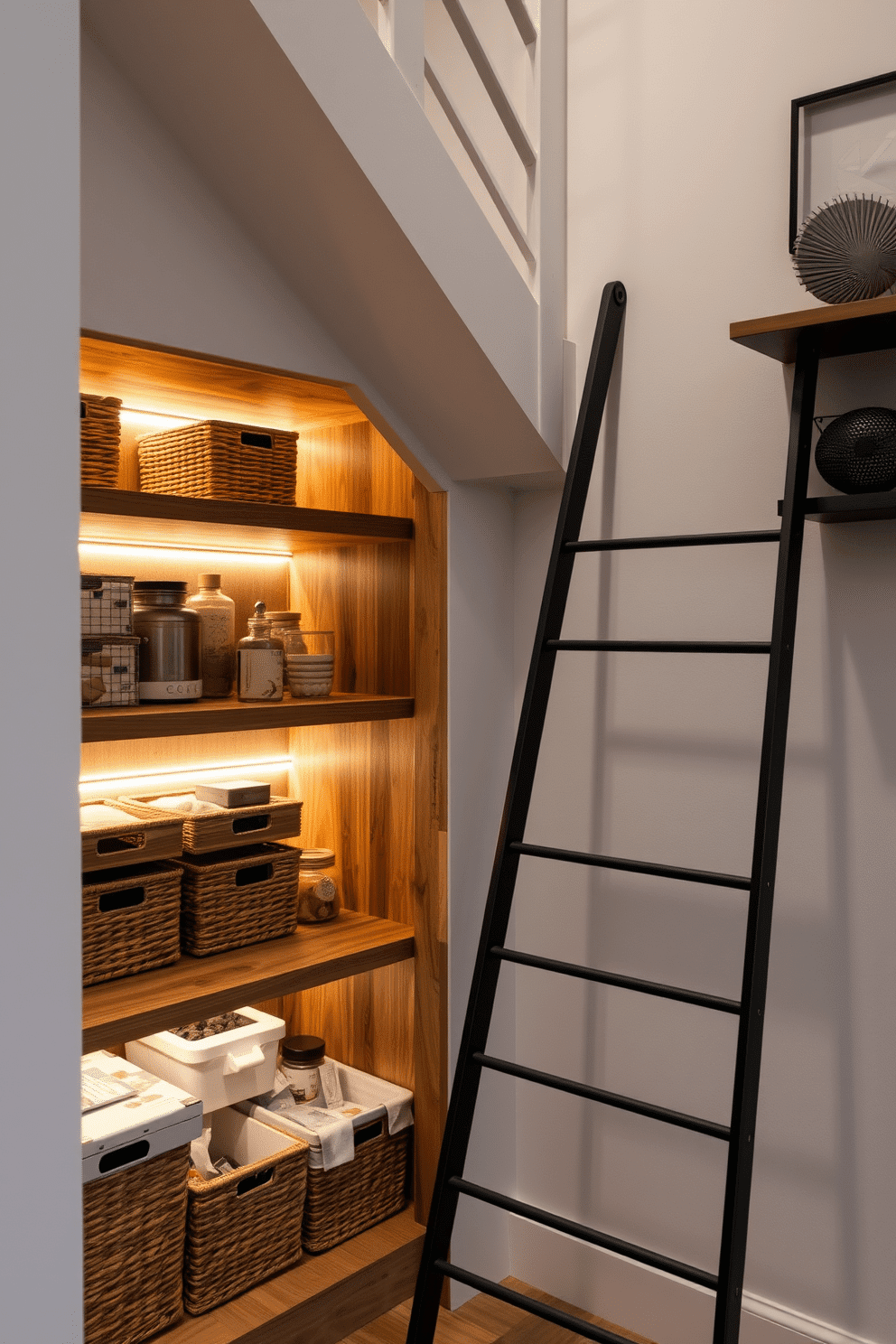 A functional pantry design tucked under the stairs, featuring open shelving made of reclaimed wood for easy access to frequently used items. The space is illuminated with warm LED strip lighting, creating a cozy atmosphere, while baskets are neatly organized for storing dry goods. A stylish ladder designed for reaching high shelves, crafted from sleek metal with a minimalist aesthetic to complement modern interiors. The ladder is finished in a matte black, and it leans against a wall adorned with decorative shelving, enhancing both functionality and visual appeal.