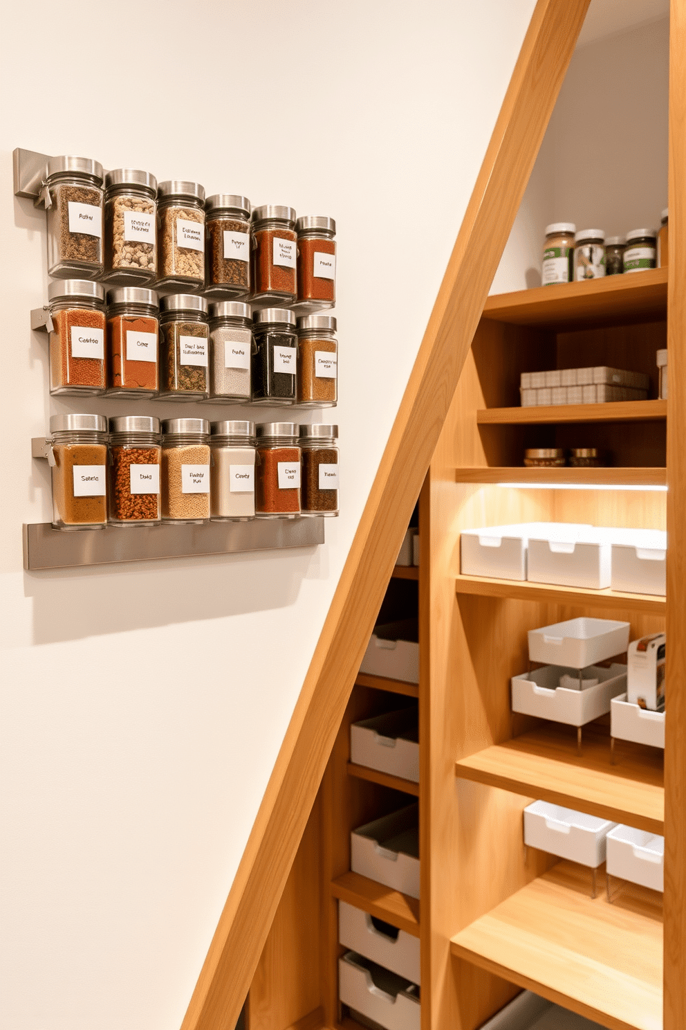 Magnetic spice jars are neatly arranged on a sleek metal strip mounted on the wall, creating an organized and visually appealing display. The jars feature clear glass containers with minimalist labels, adding a touch of modern elegance to the kitchen. The pantry under the stairs is designed with custom shelving that maximizes storage space, featuring pull-out drawers and labeled bins for easy access. Soft LED lighting illuminates the area, highlighting the warm wood tones and creating a cozy atmosphere.