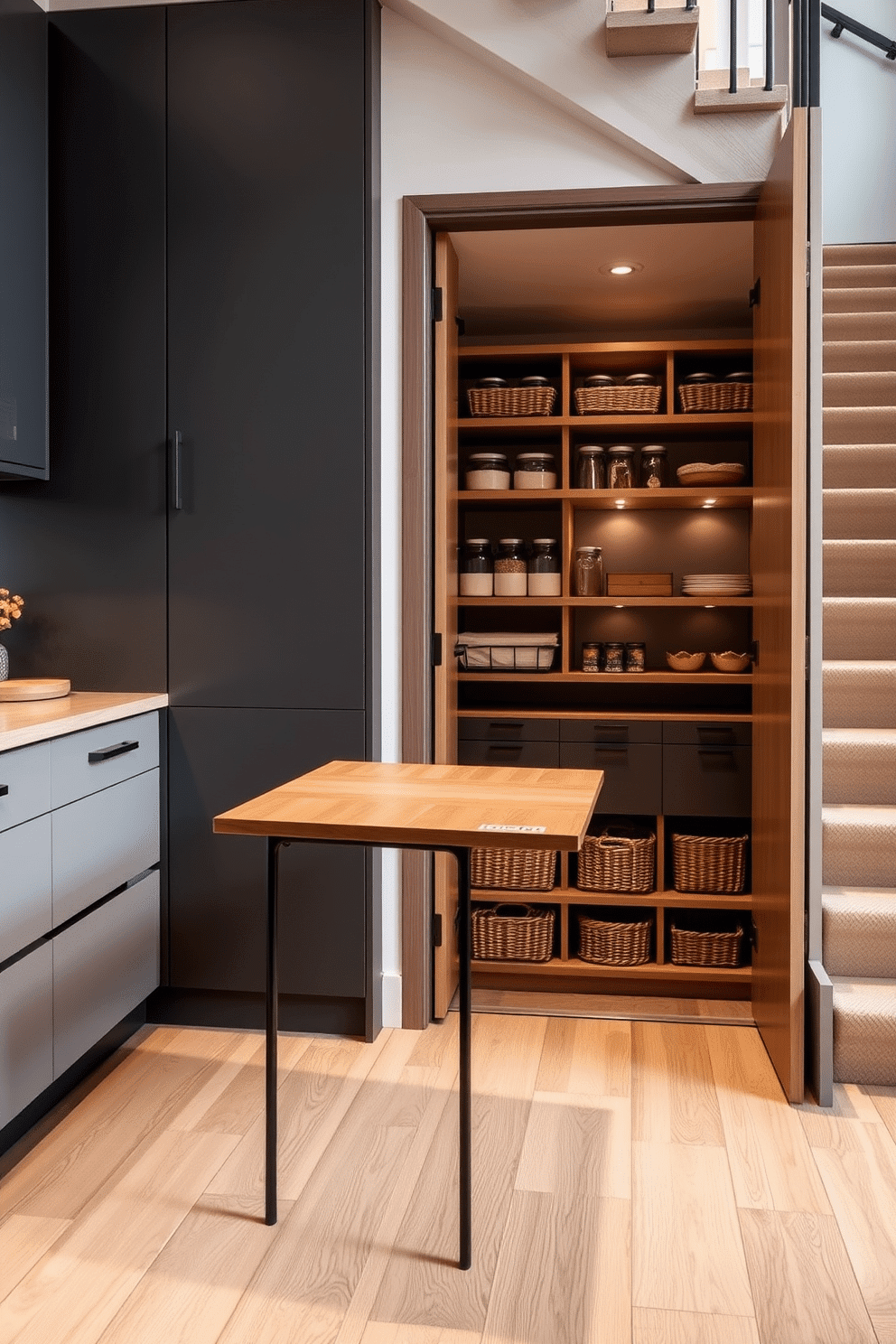 A stylish foldable table is seamlessly integrated into a modern kitchen, providing extra prep space when needed. The table features a sleek wooden top and minimalist metal legs, easily folding away against the wall when not in use. The pantry under the stairs is designed with clever shelving and pull-out drawers, maximizing storage while maintaining accessibility. Soft lighting highlights the organized shelves filled with jars and baskets, creating a warm and inviting atmosphere.