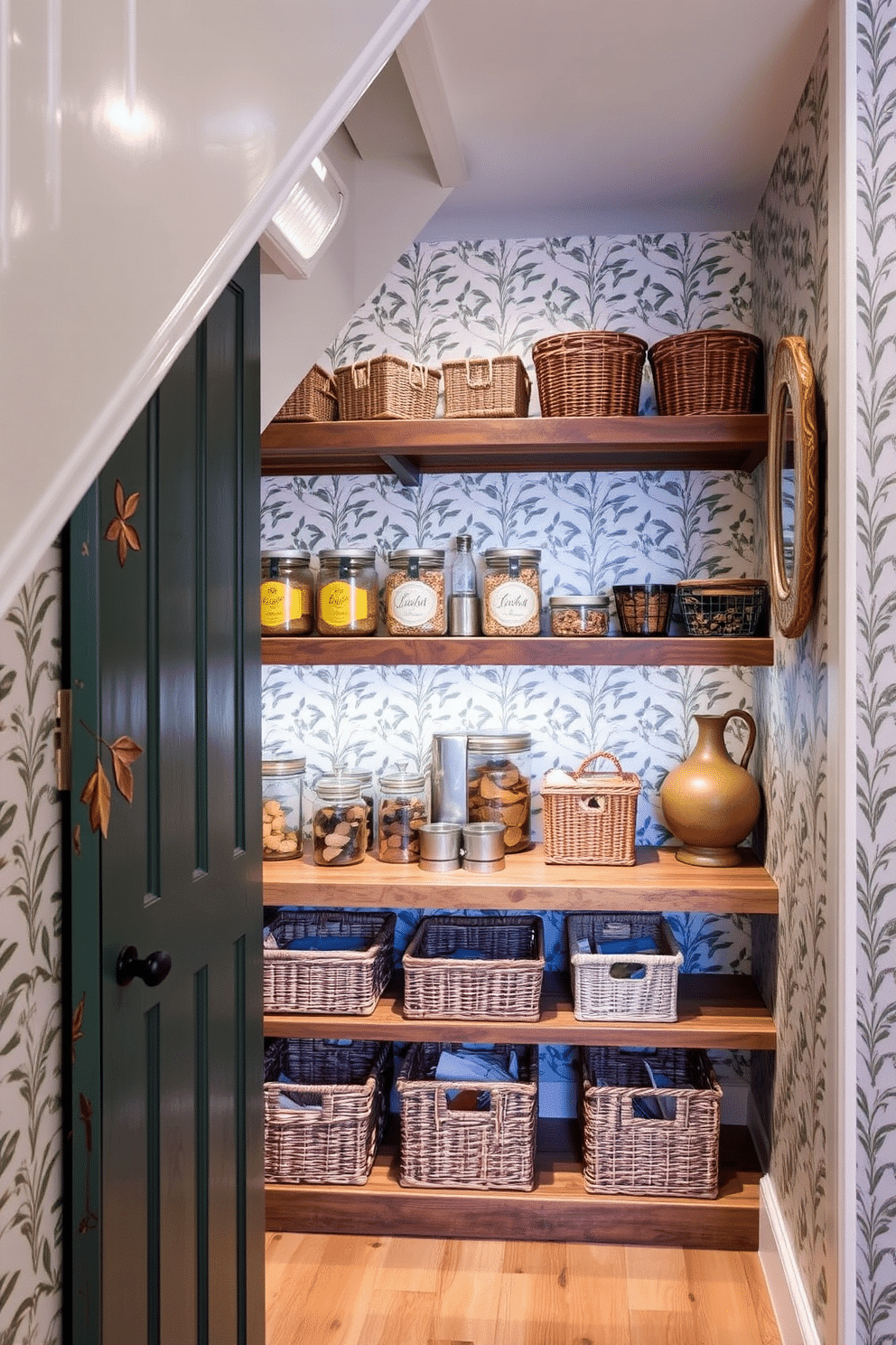 A cozy pantry tucked under the stairs, featuring decorative wallpaper with a botanical pattern that adds a touch of nature. The shelves are crafted from reclaimed wood, filled with neatly organized jars and baskets, creating a functional yet stylish storage solution. The walls are adorned with a cheerful patterned wallpaper, providing a vibrant backdrop for the pantry's rustic charm. Soft, ambient lighting illuminates the space, highlighting the unique design elements and making it a delightful spot for both storage and inspiration.