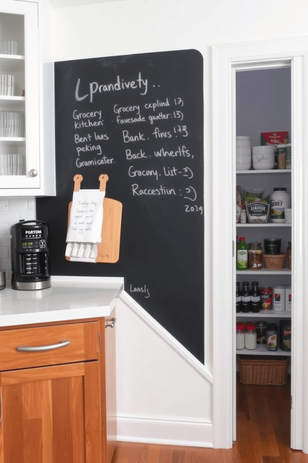 A chalkboard wall serves as a practical and stylish feature for jotting down grocery lists. It adds a creative touch to the kitchen while keeping important notes easily accessible. The pantry under the stairs maximizes space in a unique way, transforming an often-overlooked area into a functional storage solution. With custom shelving and clever organization, it becomes a charming and efficient part of your home.