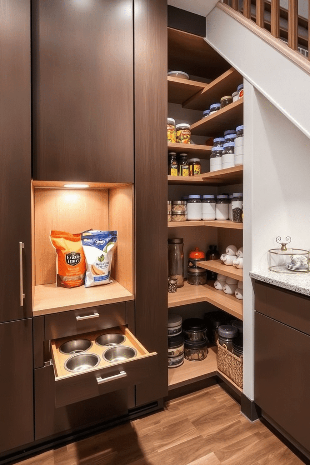 A cleverly designed hidden pet food storage area is integrated into a sleek cabinetry system, ensuring easy access while maintaining a tidy appearance. The cabinetry features a pull-out drawer with a custom divider for food bags and bowls, seamlessly blending with the surrounding decor. The pantry under the stairs is transformed into a functional and stylish space, utilizing the triangular shape to maximize storage. Open shelves display neatly organized jars and containers, while a small countertop area provides a convenient spot for meal prep or additional storage.