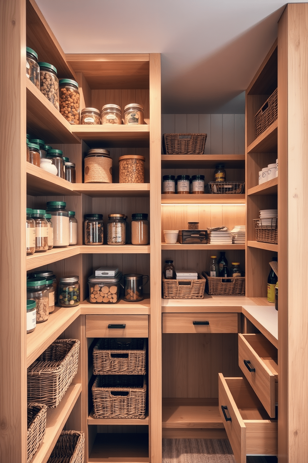 Natural wood shelves create a warm and inviting atmosphere, showcasing an array of neatly organized jars and baskets filled with pantry staples. The shelves are complemented by soft, ambient lighting that highlights the textures of the wood and the contents displayed. The pantry under the stairs features a clever design that maximizes space while maintaining a cozy feel. With deep, pull-out drawers and open shelving, this area is both functional and aesthetically pleasing, making it a delightful addition to any home.