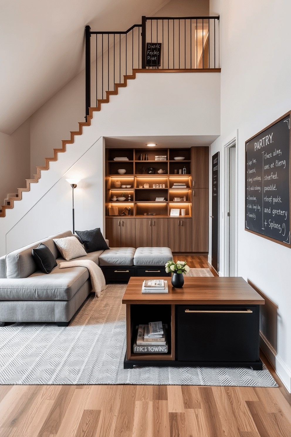 A sleek and modern living room features a stylish sofa that converts into a bed, paired with a coffee table that doubles as a storage unit. The space is accented with a compact dining table that extends to accommodate guests, showcasing a blend of functionality and elegance. A cozy pantry under the stairs maximizes space with custom shelving and pull-out drawers for easy access. The design incorporates warm lighting and a chalkboard wall for notes and grocery lists, creating an inviting and practical storage area.