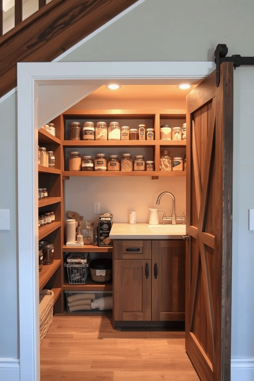 A cozy pantry nestled under the stairs features open shelving made of reclaimed wood, showcasing neatly organized jars of spices and dry goods. Soft, warm lighting illuminates the space, creating an inviting atmosphere that makes it easy to find everyday essentials. The design incorporates a combination of open and closed storage, allowing for both display and concealment of items. A small countertop area is included for meal prep, complemented by a sliding barn door that adds rustic charm to the overall aesthetic.