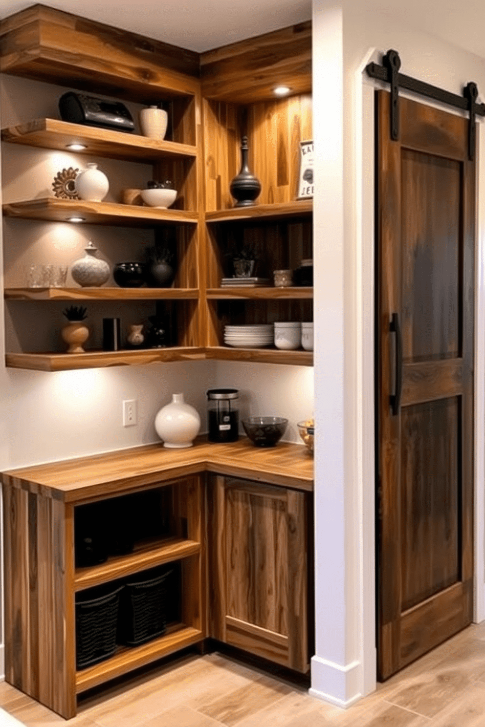 A cozy corner shelf design that maximizes space, featuring a mix of open and closed shelving to display decorative items and store kitchen essentials. The shelves are made of reclaimed wood, with subtle lighting integrated to highlight the decor and create a warm ambiance. An innovative pantry design tucked under the stairs, utilizing every inch for storage with pull-out drawers and adjustable shelving. The space is painted in a soft white, complemented by rustic wooden accents and a sliding barn door for easy access.