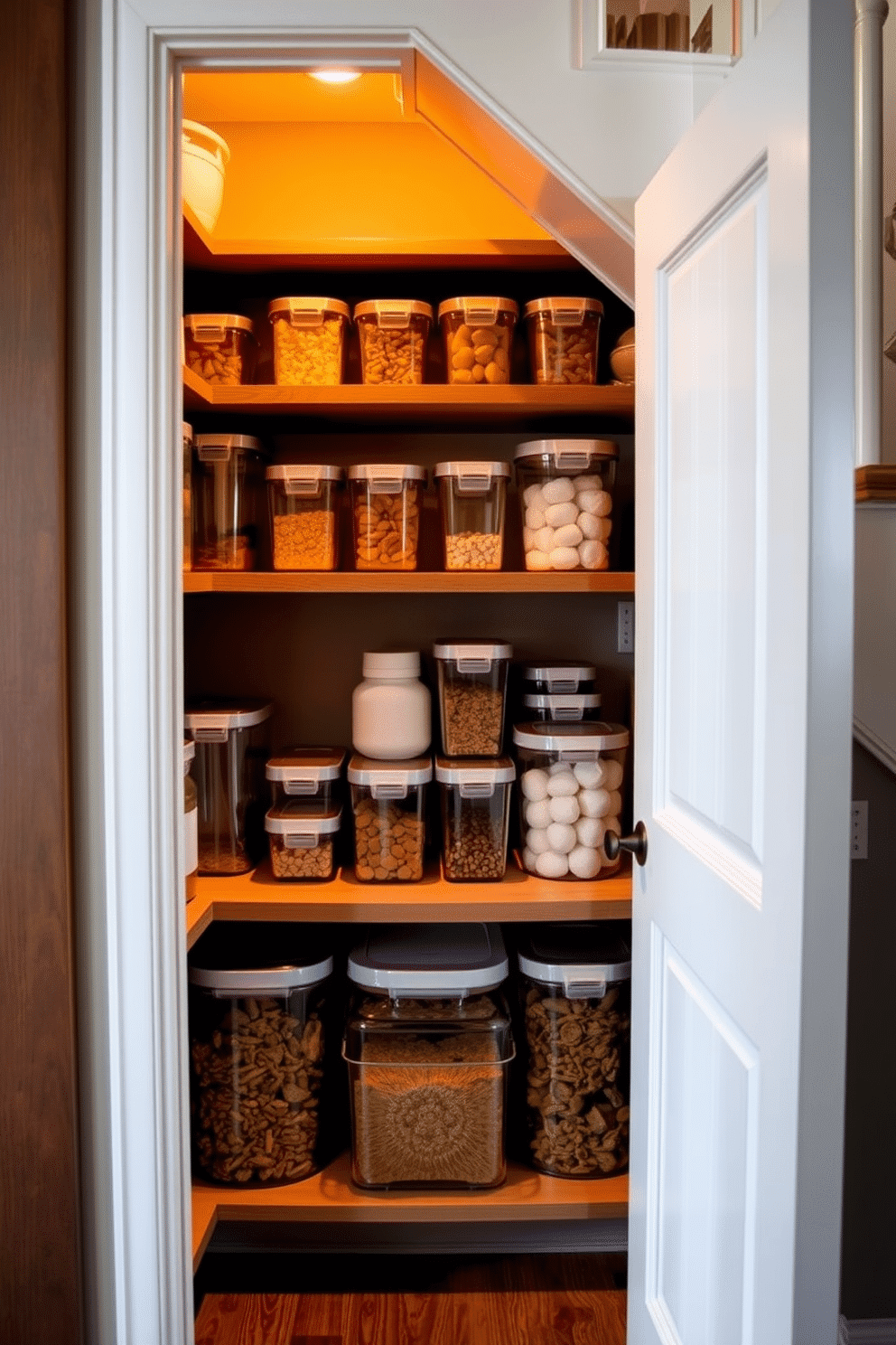 A pantry designed under the stairs features clear containers for easy visibility, neatly arranged on open shelving. The space is illuminated with warm lighting, creating an inviting atmosphere while maximizing storage efficiency.