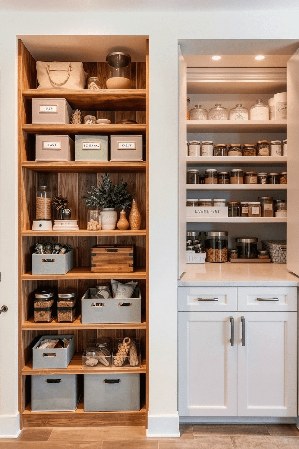 A stylish seasonal storage area designed for less frequent items features custom-built shelving that maximizes vertical space. The shelves are crafted from reclaimed wood, providing a rustic charm, while labeled bins in soft colors keep seasonal decorations organized and easily accessible. The pantry under the stairs is designed with sleek cabinetry that blends seamlessly with the home’s decor. Open shelving displays neatly arranged jars and containers, while soft lighting highlights the space, creating an inviting atmosphere for food storage and easy access.