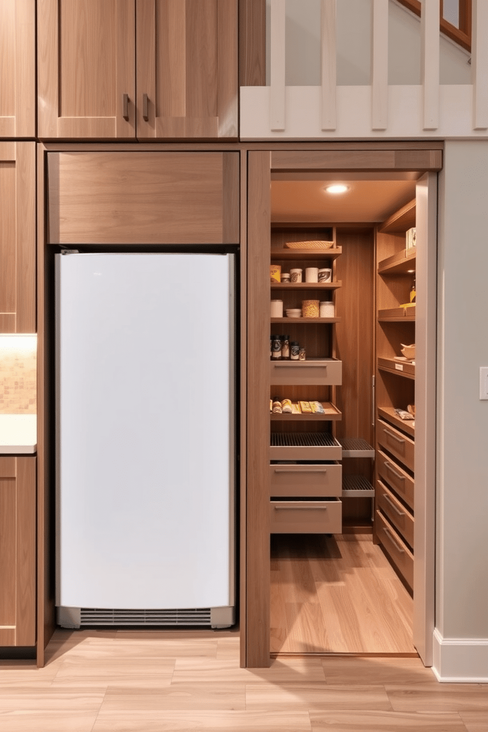 A sleek under-stair refrigerator is seamlessly integrated into the design, featuring a minimalist facade that complements the surrounding cabinetry. The space is illuminated with warm lighting, highlighting the convenience and accessibility of this clever storage solution. Adjacent to the refrigerator, a well-organized pantry under the stairs boasts custom shelving and pull-out drawers, maximizing every inch of space. The walls are lined with neutral tones, creating a cohesive look that enhances functionality while maintaining an inviting atmosphere.