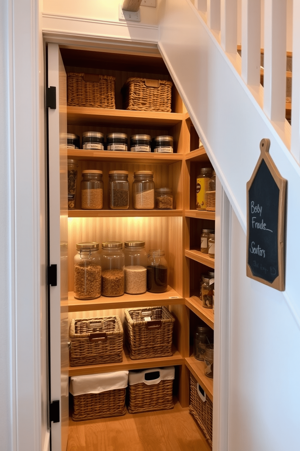 A cozy pantry tucked under the stairs, featuring sleek bamboo organizers that provide an eco-friendly touch. The space is illuminated by warm LED lighting, highlighting the natural grain of the bamboo and creating an inviting atmosphere. The pantry shelves are neatly arranged with glass jars filled with grains and spices, complemented by woven baskets for a rustic charm. A small chalkboard on the wall adds a personal touch, allowing for easy labeling and organization.